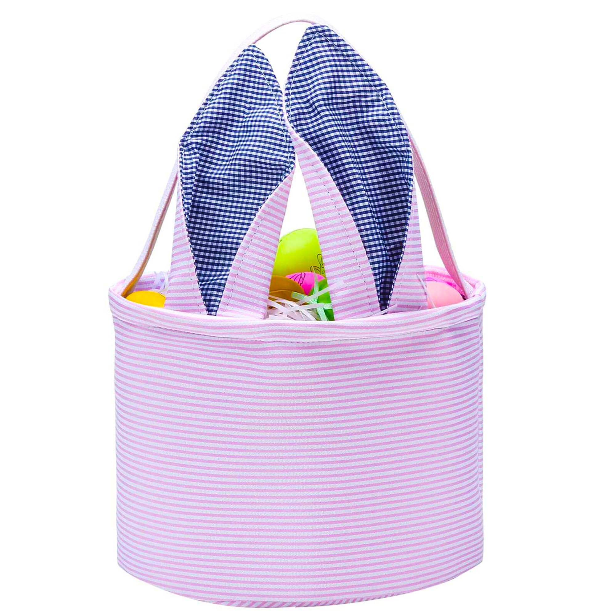 Easter Bunny Basket Seersucker Egg Bags for Kids,Personalized Candy Egg Basket Rabbit Print Buckets with Fluffy Tail Gifts Bags for Easter(Seersucker Pink)……