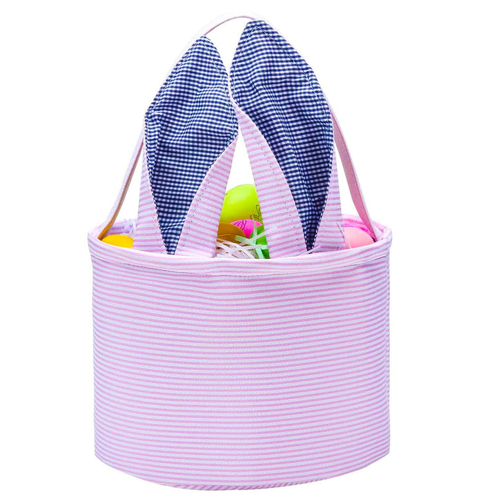 Easter Bunny Basket Seersucker Egg Bags for Kids,Personalized Candy Egg Basket Rabbit Print Buckets with Fluffy Tail Gifts Bags for Easter(Seersucker Pink)……
