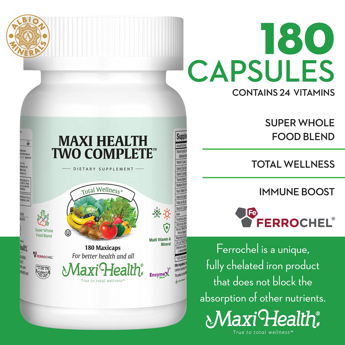 Maxi Health Two Complete - Multivitamins and Minerals - Full Potency - 180 Capsules - Kosher