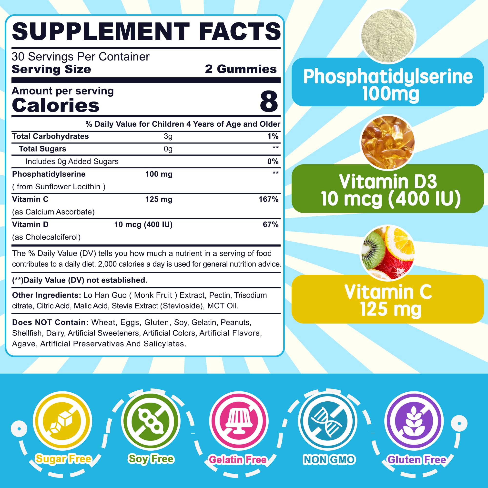 Phosphatidylserine Supplement 100mg, Focus Gummies for Kids Teens + Vitamin C & D3 400IU, Sugar Free Kids Brain Gummies Increase Attention & Concentration, Chewable, Vegan, Gluten Free, Non-GMO 2 Pack