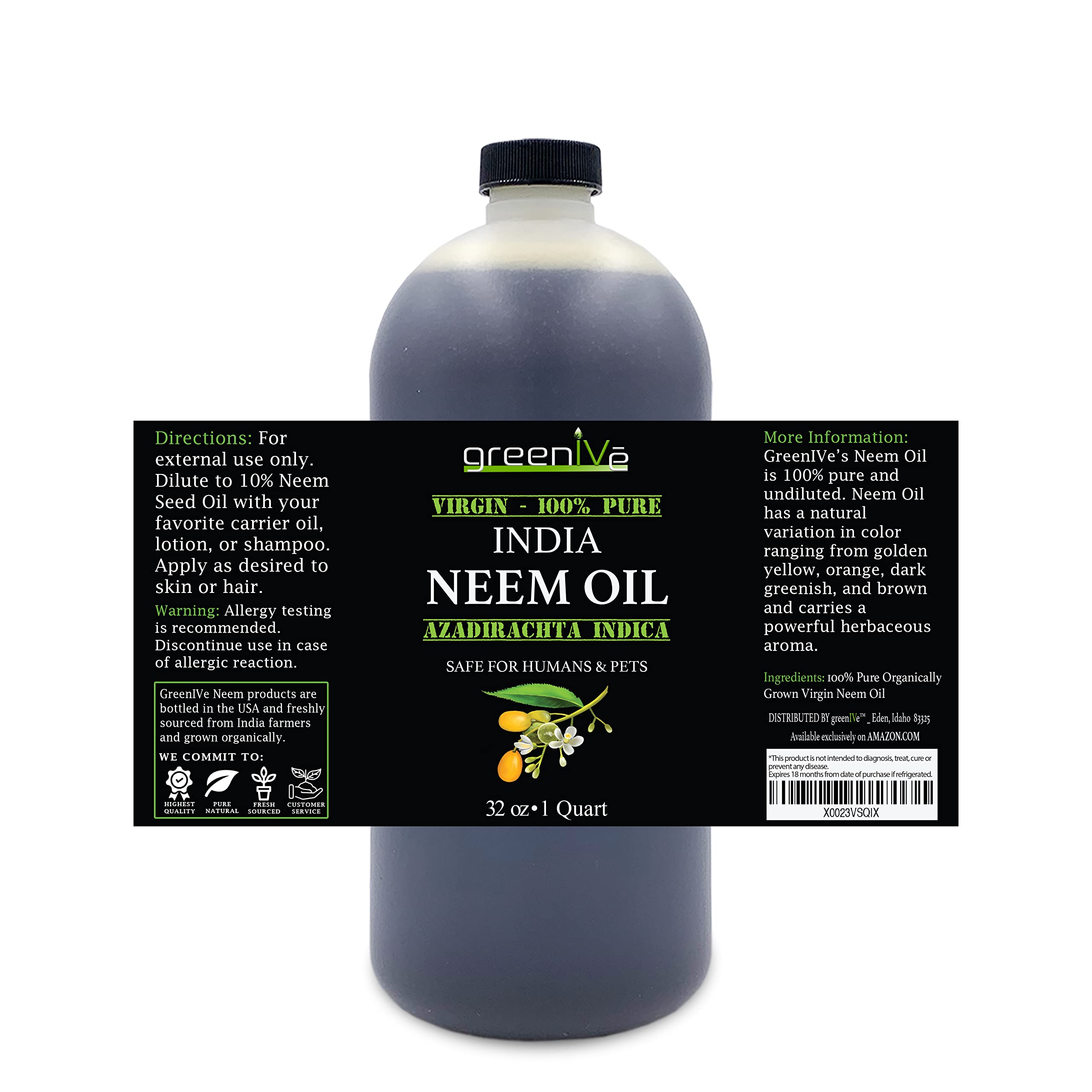 Greenive - Neem Oil - 100% Organically Grown Neem Oil - Cold Pressed Virgin Neem Oil - Exclusively on Amazon (32 Ounce)