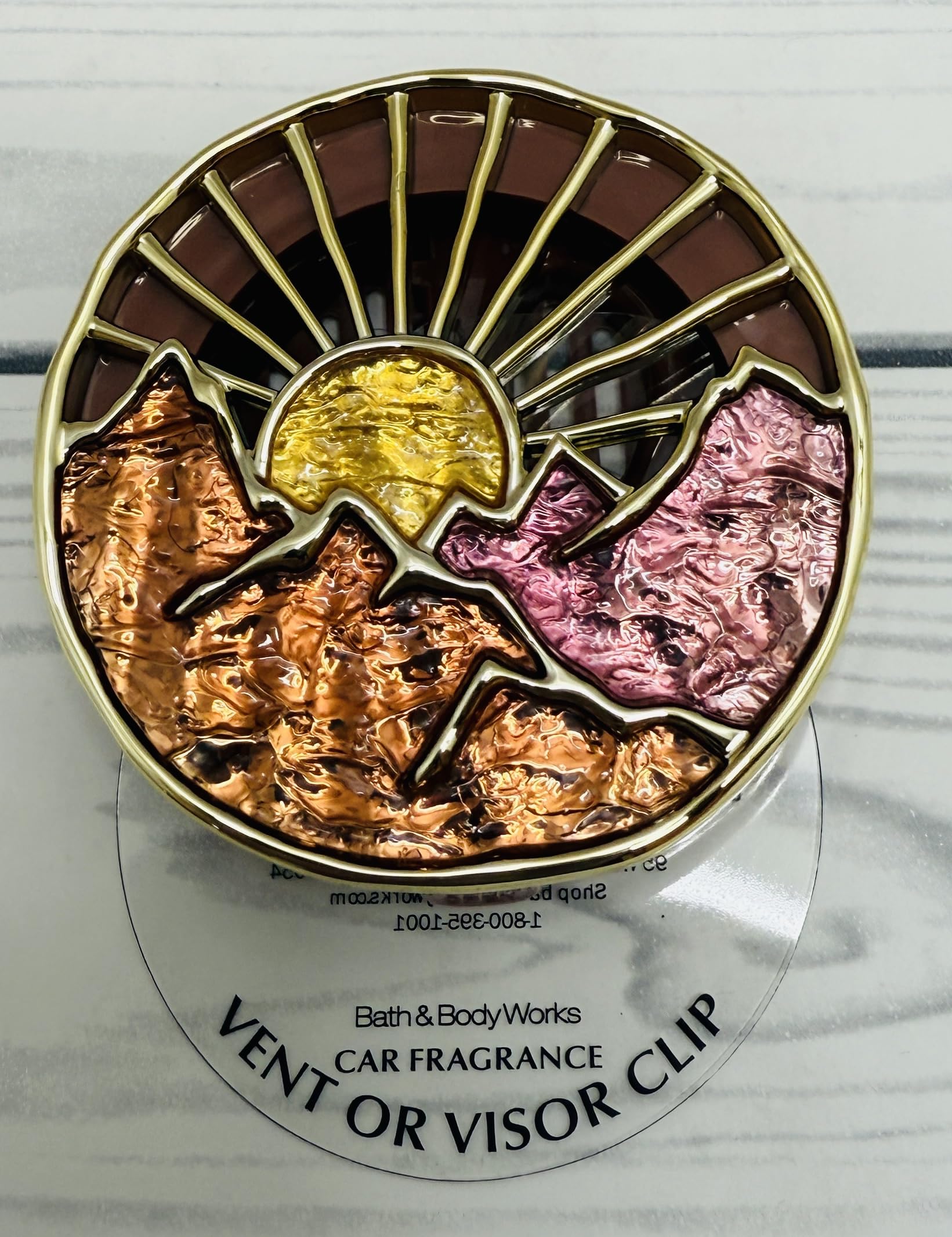 Bath and Body Works Yellow, Orange and Pink with Gold Mountain Sunrise Car Visor Fragrance Holder Easy To Open