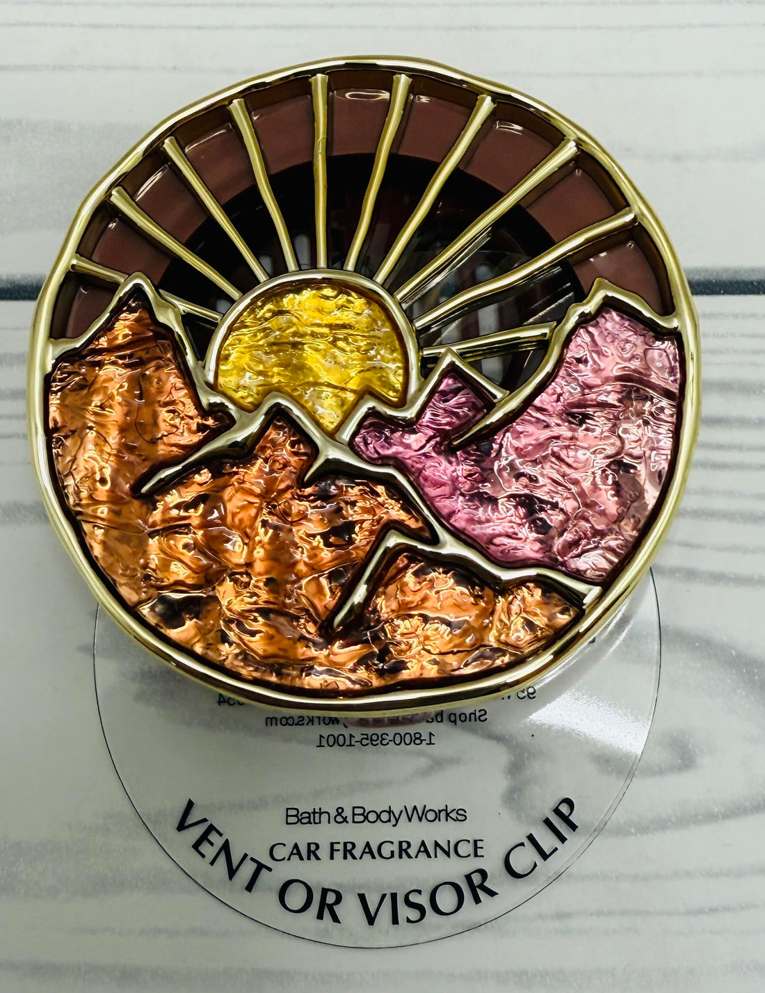 Bath and Body Works Yellow, Orange and Pink with Gold Mountain Sunrise Car Visor Fragrance Holder Easy To Open