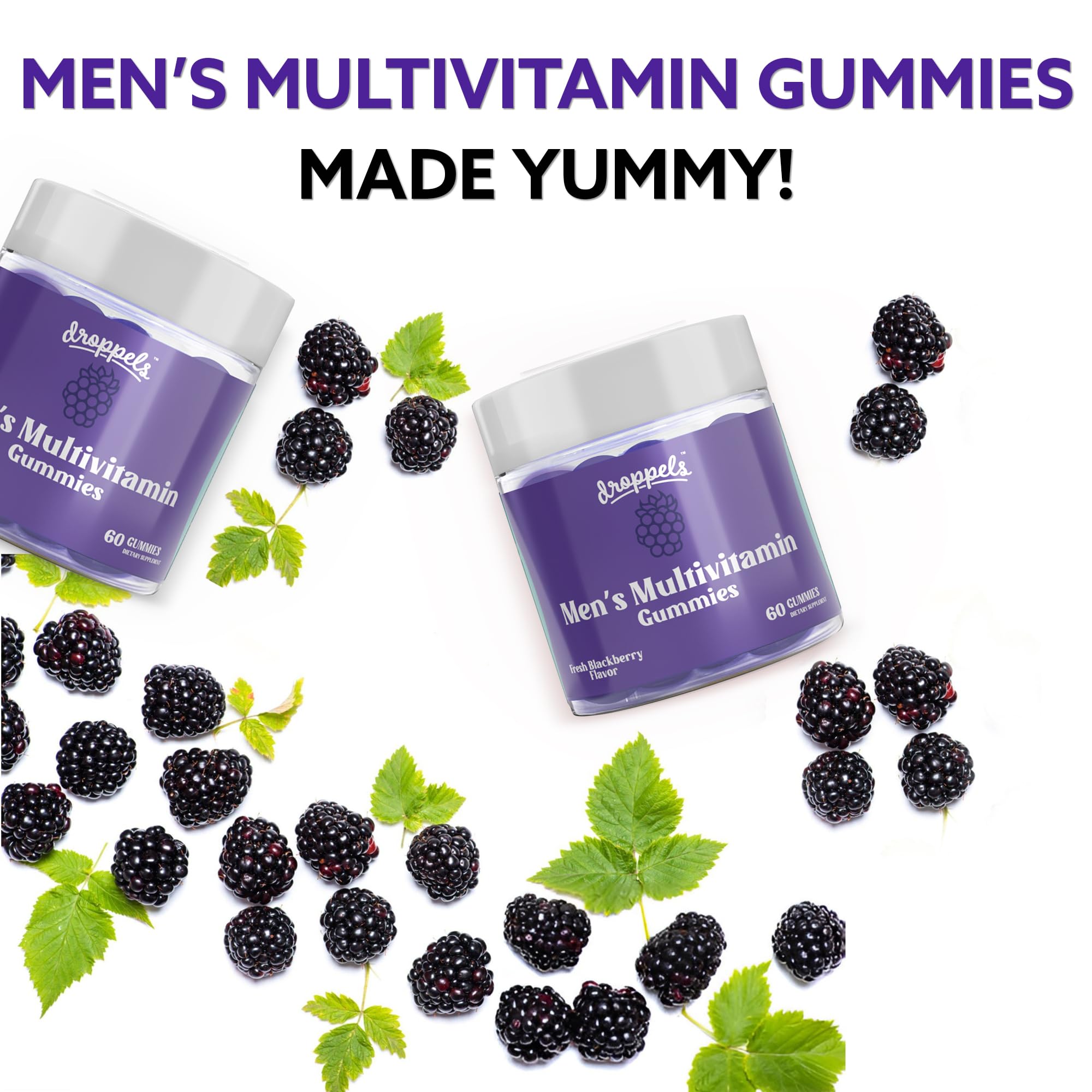 Droppels Men's Multivitamin Gummies with Folic Acid, Vitamins A, D, C, E, K, B6, B12, Biotin & More | Vegan, Non-GMO & Pectin-Based | Fresh BlackBerry Flavor, 60 Count
