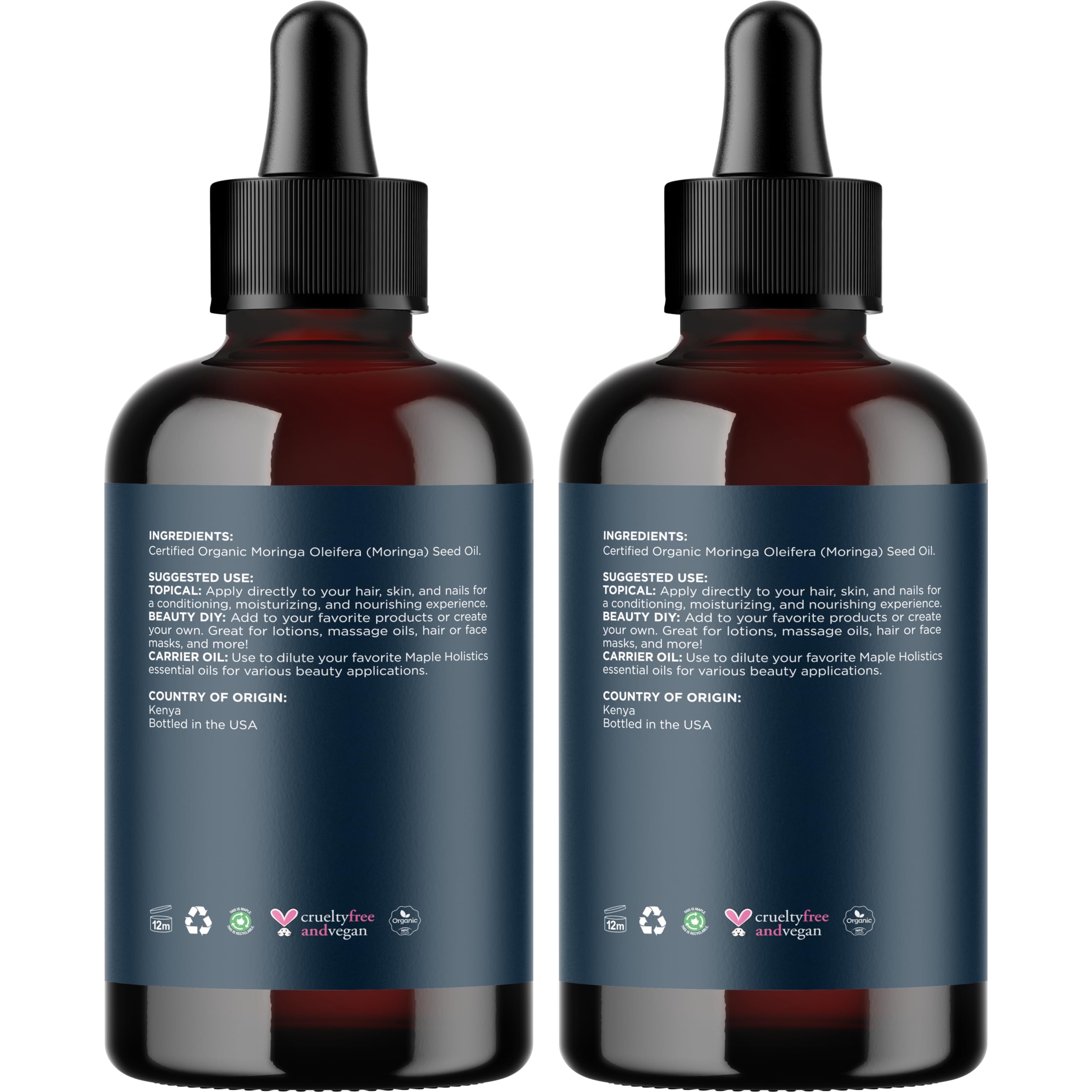 Organic Moringa Oil for Hair and Skin - Cold Pressed Virgin Unrefined Natural Pure USDA Organic Hair Oil for Dry Damaged Hair and Ultra Hydrating Face Oil - Carrier Oil for Essential Oils (2 Pack)