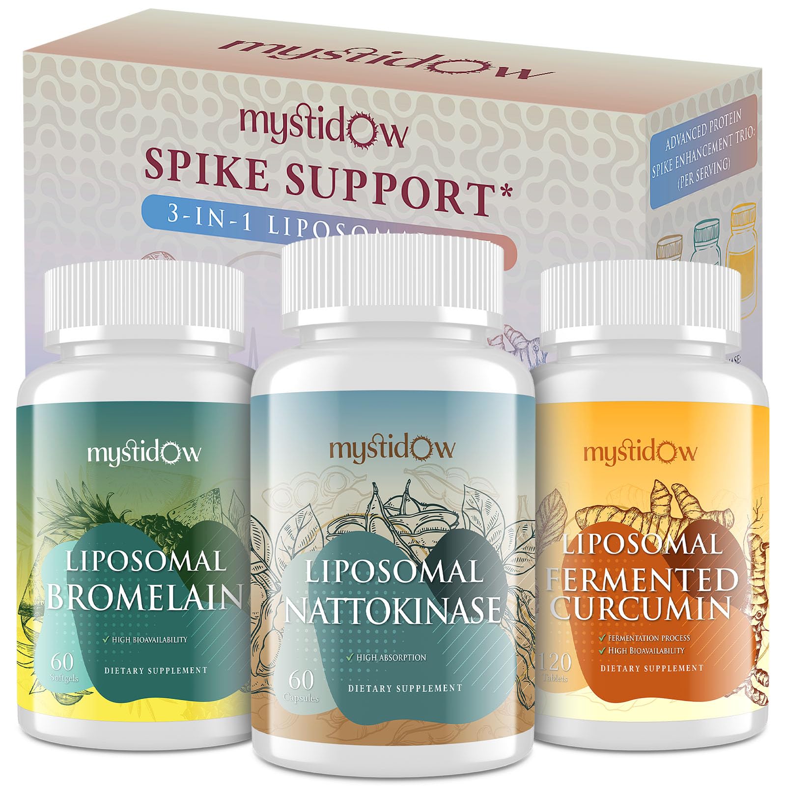 Spike Support Trio | Liposomal Nattokinase 8000 FU 500mg, Bromelain 1150 mg & Fermented Curcumin 1800 mg | High Potency, Enhanced Absorption Formula | for Immune, Heart & Circulation | 60 Day Supply