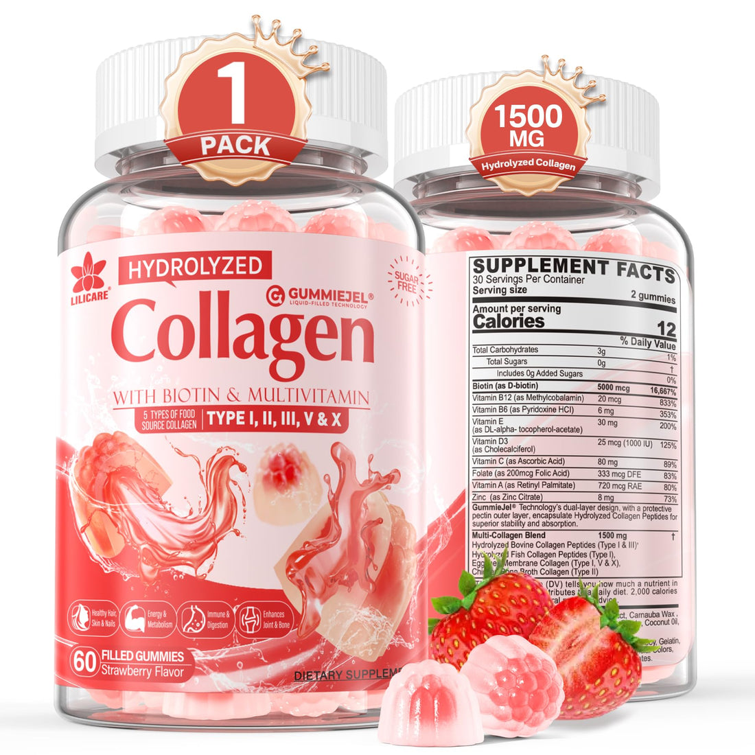 Sugar-Free Hydrolyzed Collagen Peptide Filled Gummies for Women & Men, with 1500mg Protein Type I,II,III,V,X, 5000mcg Biotin Vitamin C A E D3 B6 B12 for Immune Digestion Skin Hair Nails, Bone, 60Cts