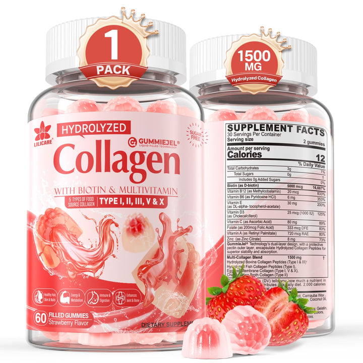 Sugar-Free Hydrolyzed Collagen Peptide Filled Gummies for Women & Men, with 1500mg Protein Type I,II,III,V,X, 5000mcg Biotin Vitamin C A E D3 B6 B12 for Immune Digestion Skin Hair Nails, Bone, 60Cts