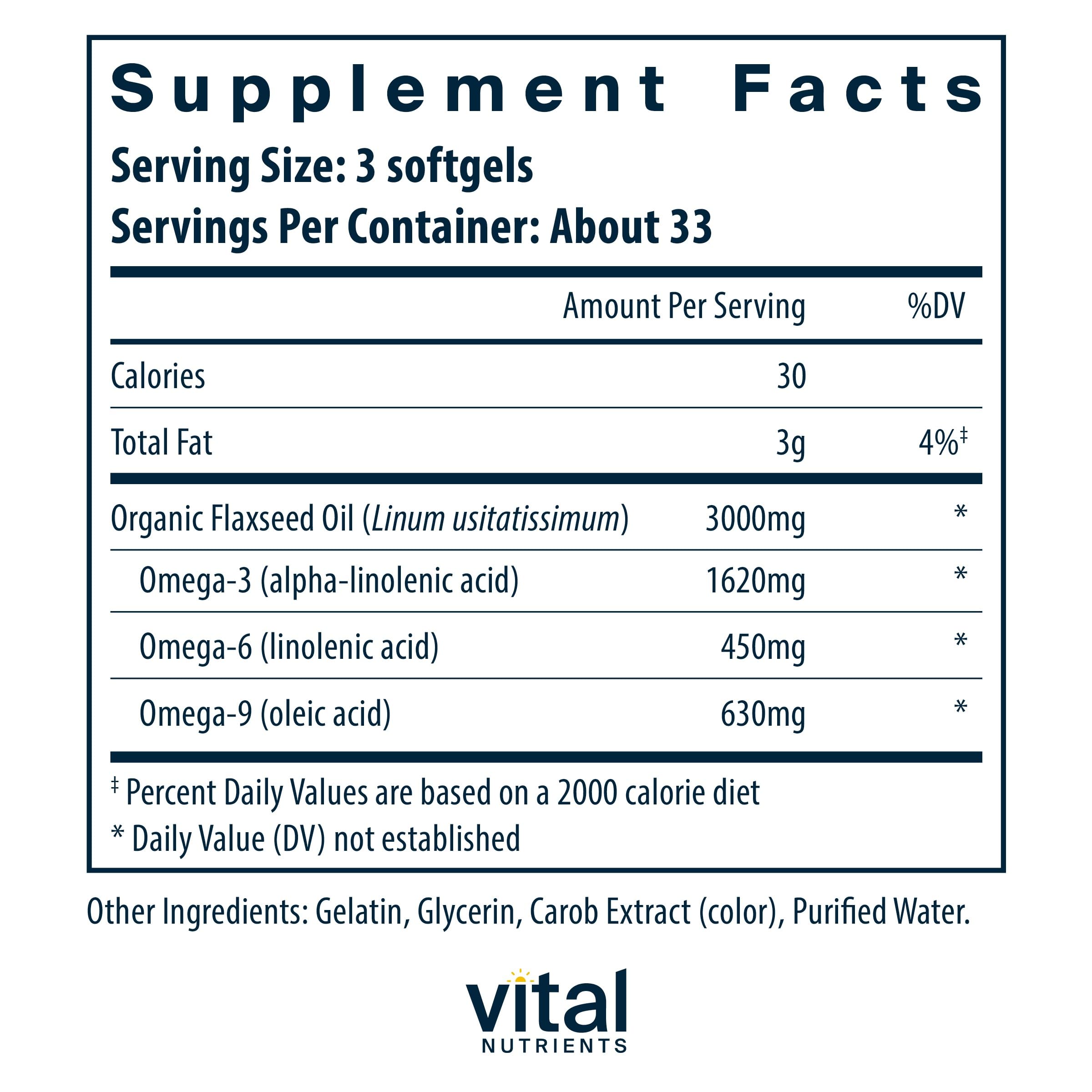 Vital Nutrients Flax Seed Oil 3000mg | Cold Pressed Flax Oil with high Concentration of ALA for Heart Health* | Gluten, Dairy and Soy Free | Non-GMO | 100 Softgels