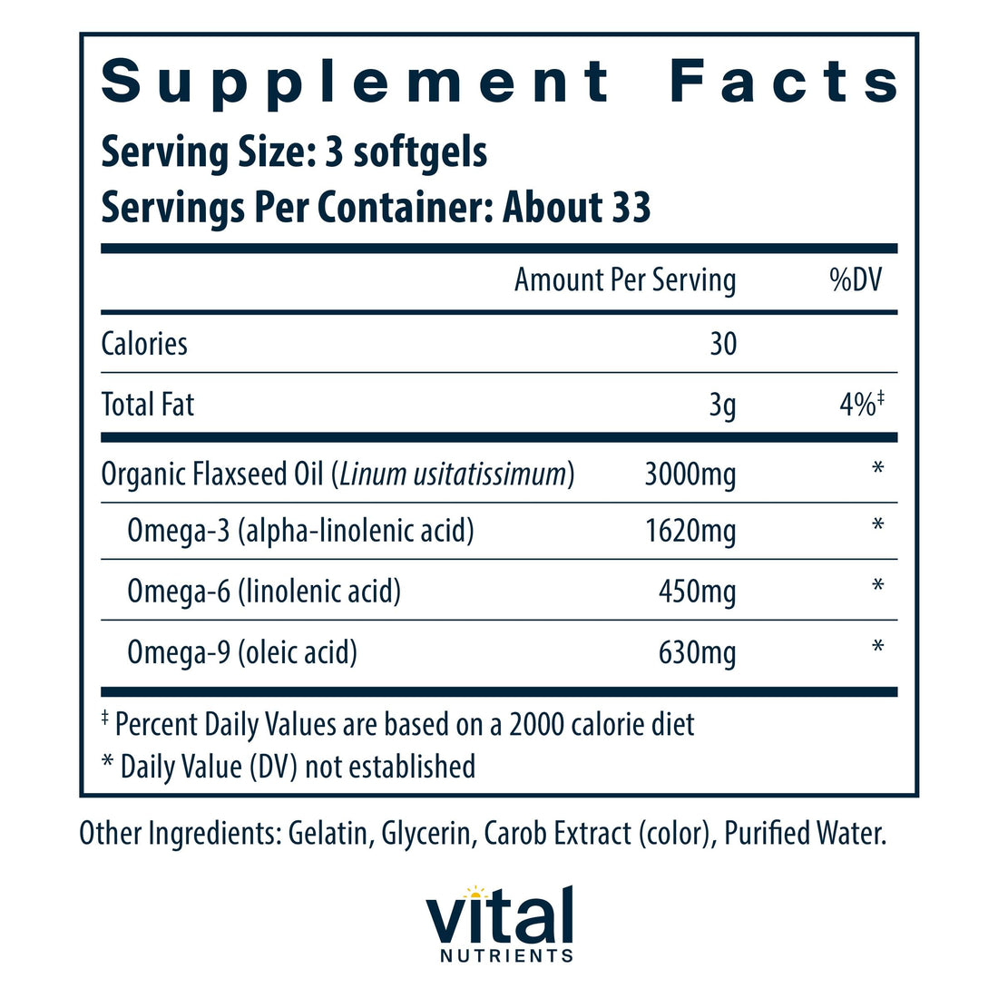 Vital Nutrients Flax Seed Oil 3000mg | Cold Pressed Flax Oil with high Concentration of ALA for Heart Health* | Gluten, Dairy and Soy Free | Non-GMO | 100 Softgels