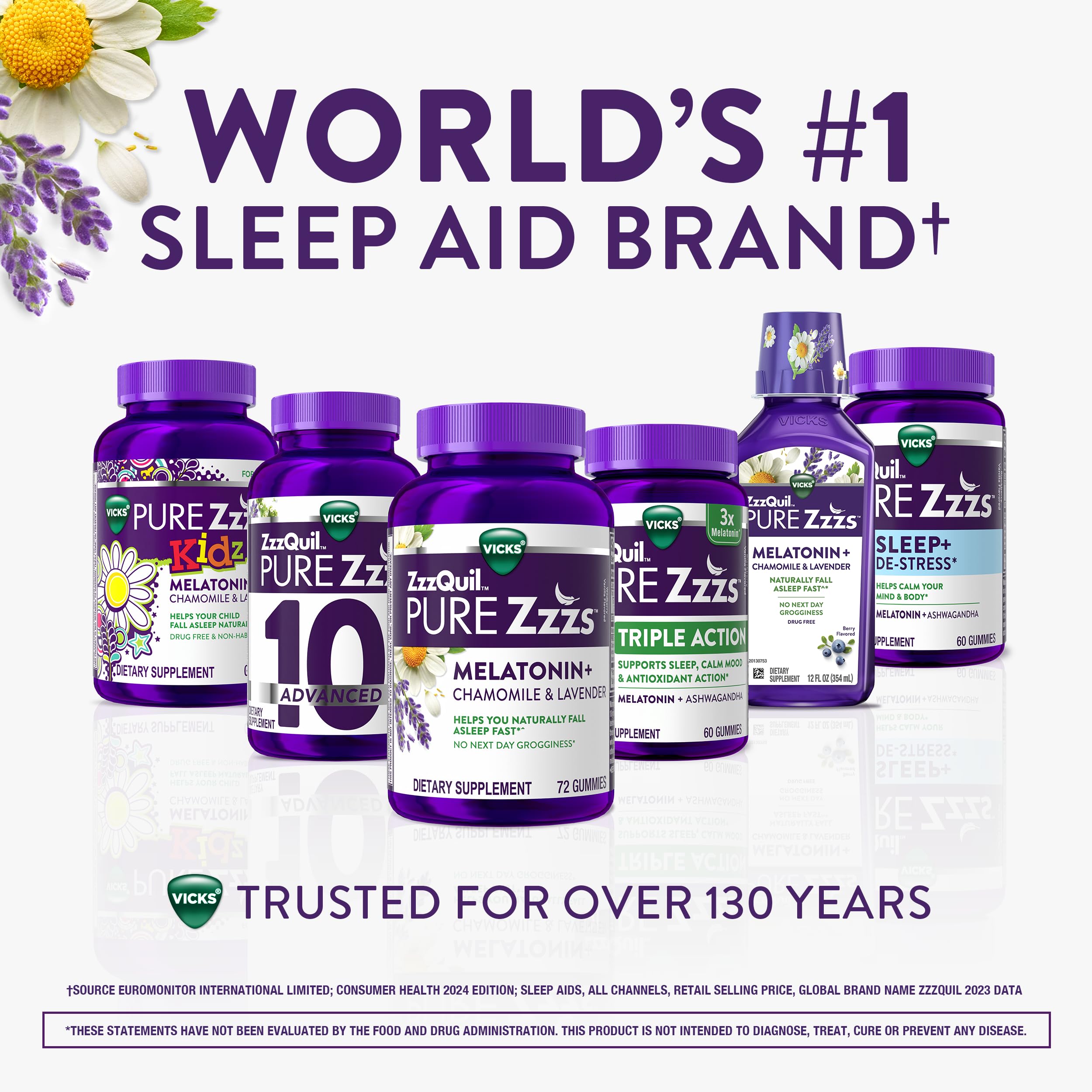 ZzzQuil PURE Zzzs Melatonin Gummies, Sleep Aid, Melatonin 2mg, with Chamomile & Lavender, Melatonin Sleep Gummies, Sleep Aids for Adults, Wildberry Vanilla Flavored, 72 Sleep Gummies