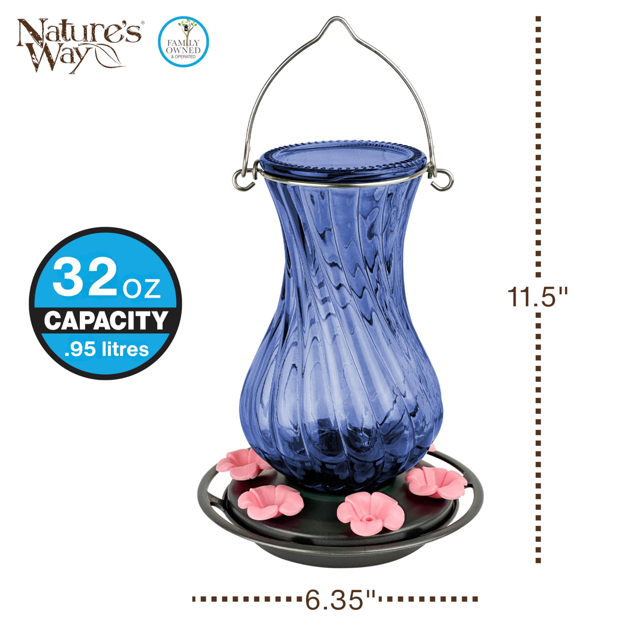 Nature's Way Hanging Glass Hummingbird Feeder for Outdoor Decor, 32 Ounce Capacity Nectar Feeder, 6 Easy to Clean Flexible Pink Ports, Blue