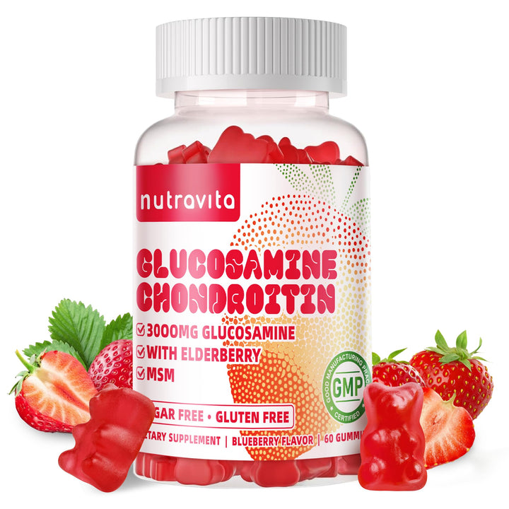Nutravita Glucosamine Chondroitin Gummies with MSM & Elderberry Extra Strength - Joint Support, Antioxidant Immune Support Supplement for Adults, Men & Women.60 Strawberry Chews