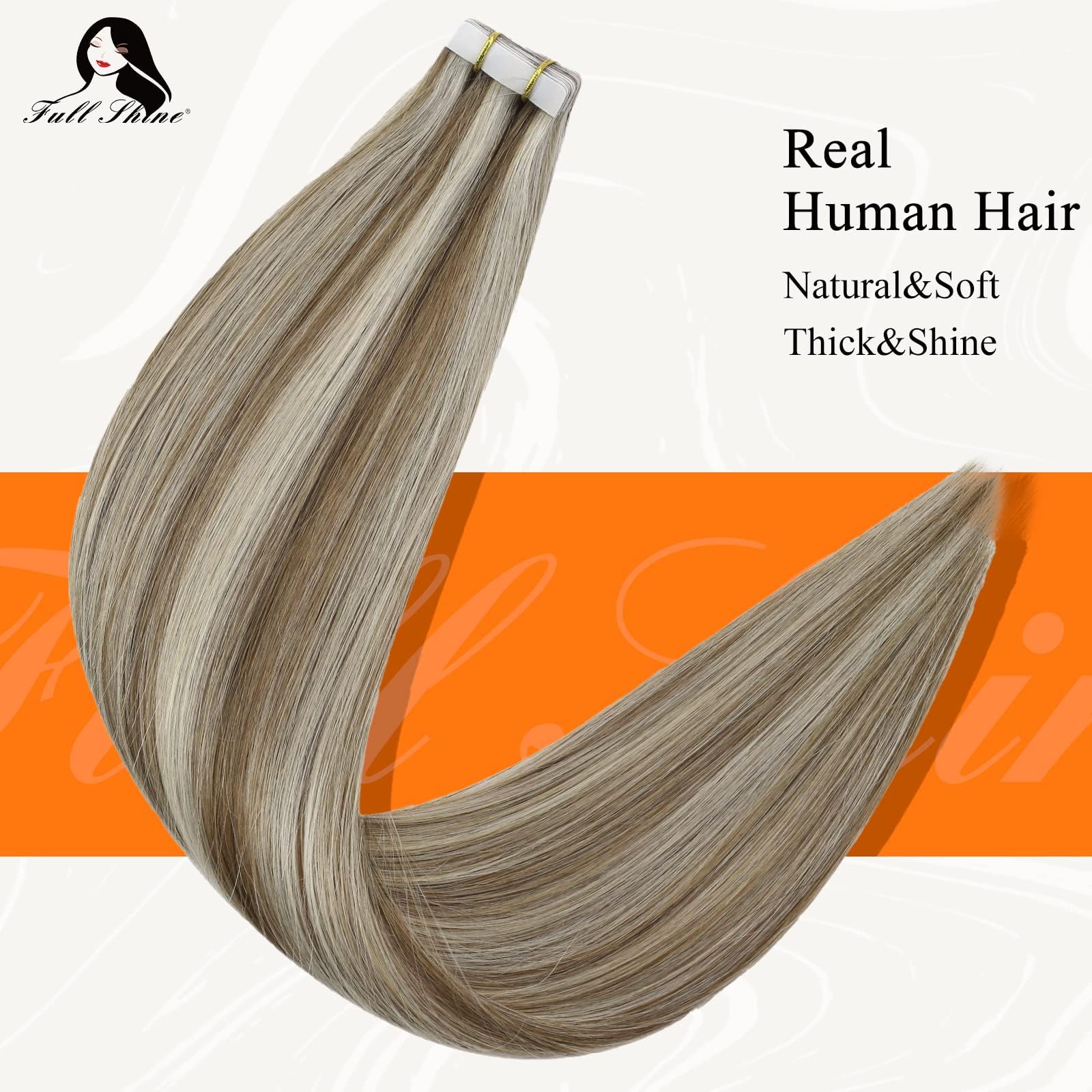 Fshine Seamless Tape Hair Extensions 14 Inch Tape in Remy Hair Highlighted Tape in Real Hair Color 8P60 Blonde Glue in Tape Hair Extensions 50 Grams Straight Hair 20Pcs