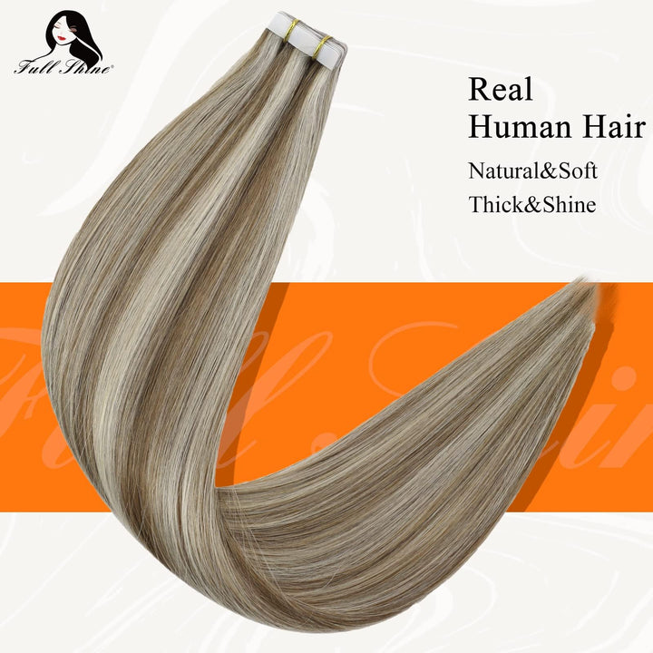 Fshine Seamless Tape Hair Extensions 14 Inch Tape in Remy Hair Highlighted Tape in Real Hair Color 8P60 Blonde Glue in Tape Hair Extensions 50 Grams Straight Hair 20Pcs