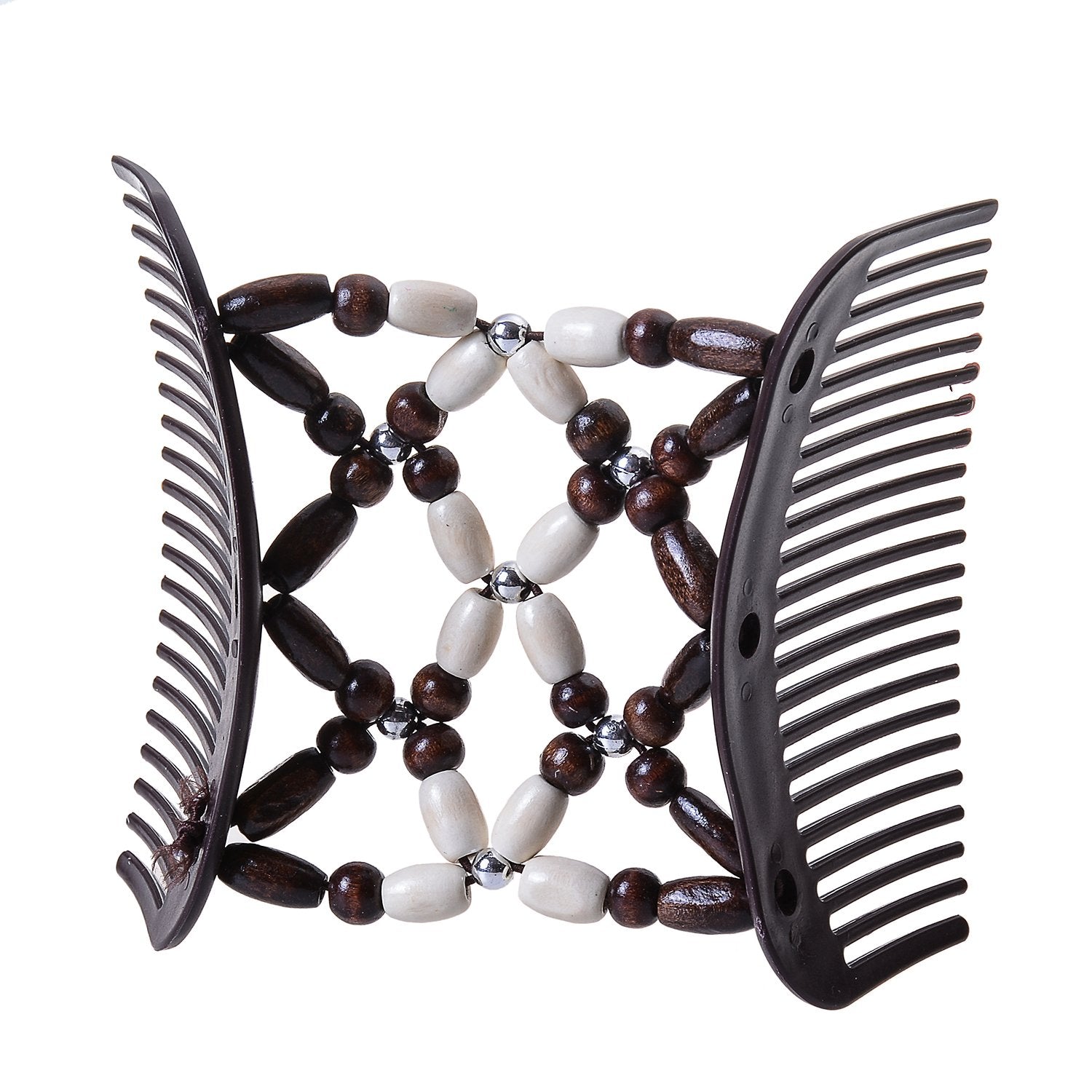 Lovef Women Magic Combs Wood Beaded Stretch Double Side Combs Clips Bun Maker Hair Accessories (Beige)