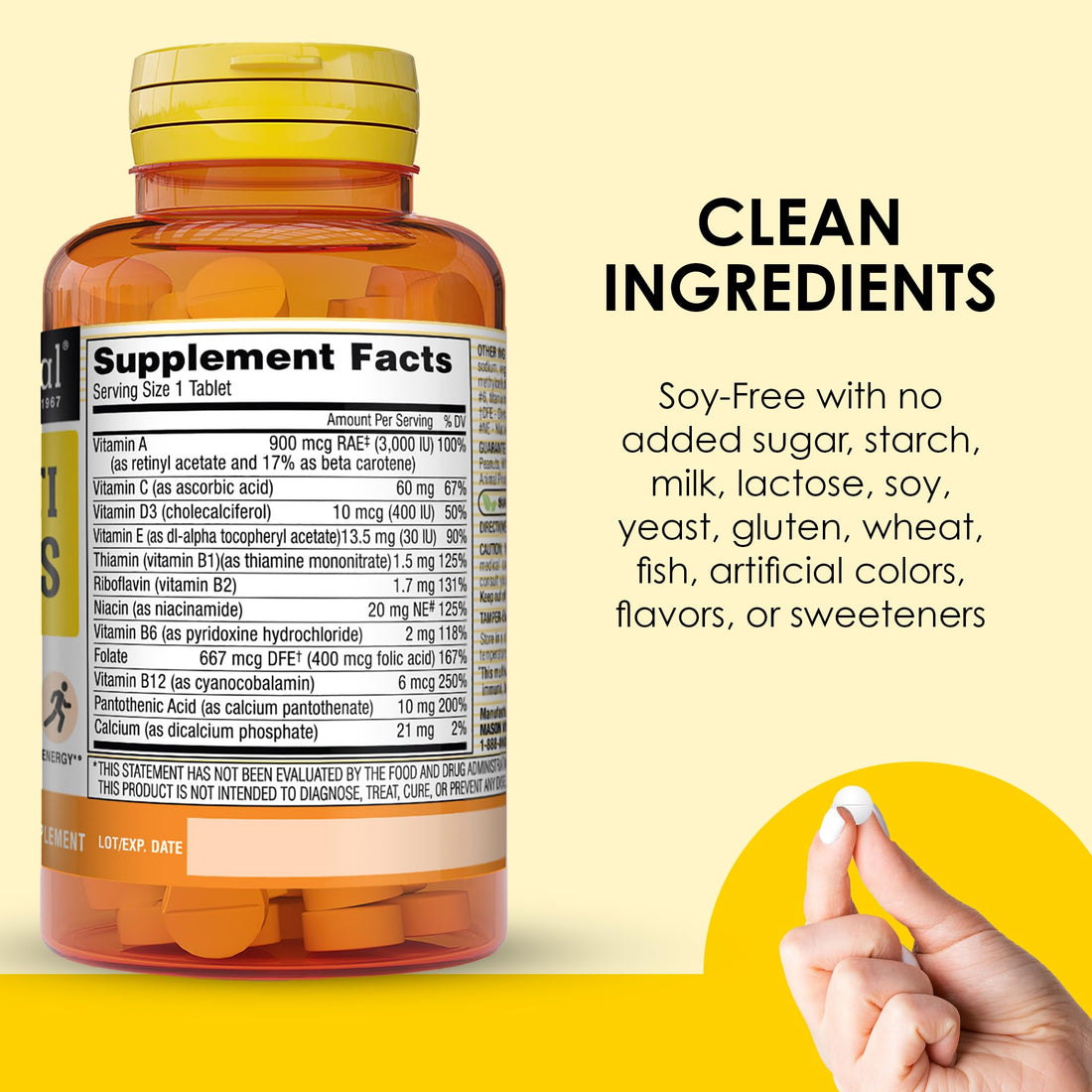 MASON NATURAL Mini Multi Vitamins, Vitamins A, C, D3, E, B1, B2, B3, B6, B12, Folate and Calcium for Overall Health, 100 Day Supply