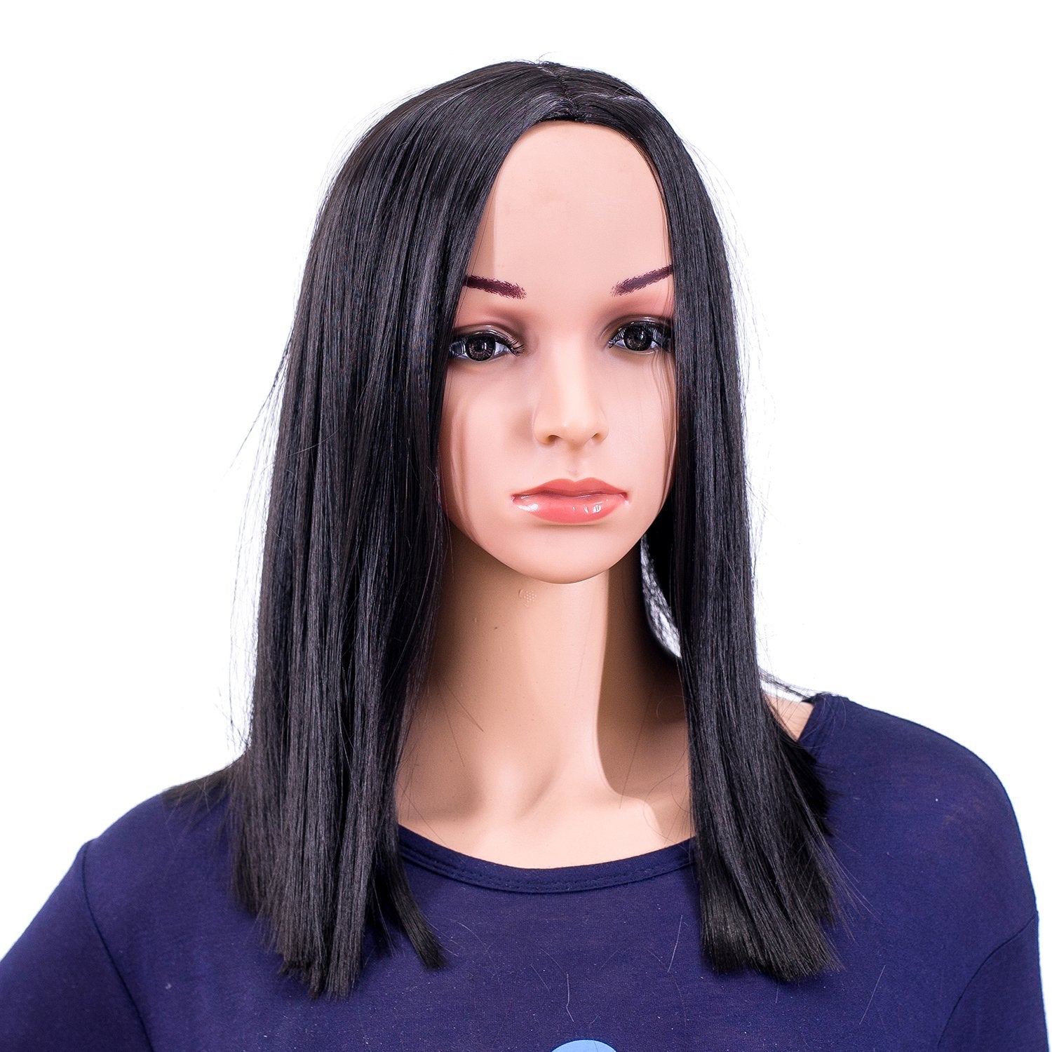 SWACC 14-Inch Short Straight Middle Part Hair Wig Medium Length Synthetic Heat Resistant Wigs for Women with Wig Cap (Black-1B)