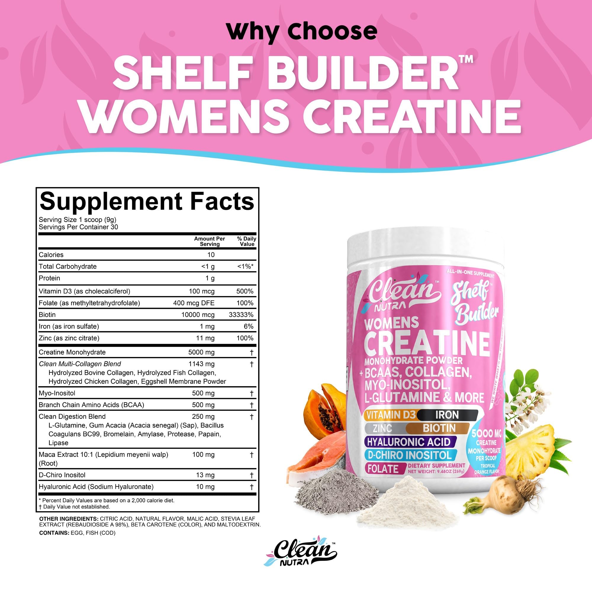 Creatine for Women | Creatine Monohydrate + BCAA Powder Myo-Inositol Collagen Biotin Hyaluronic Acid Folate L Glutamine Vitamin D3 Iron Zinc D-Chiro-Maca Digestion Shelf Builder by Clean Nutra