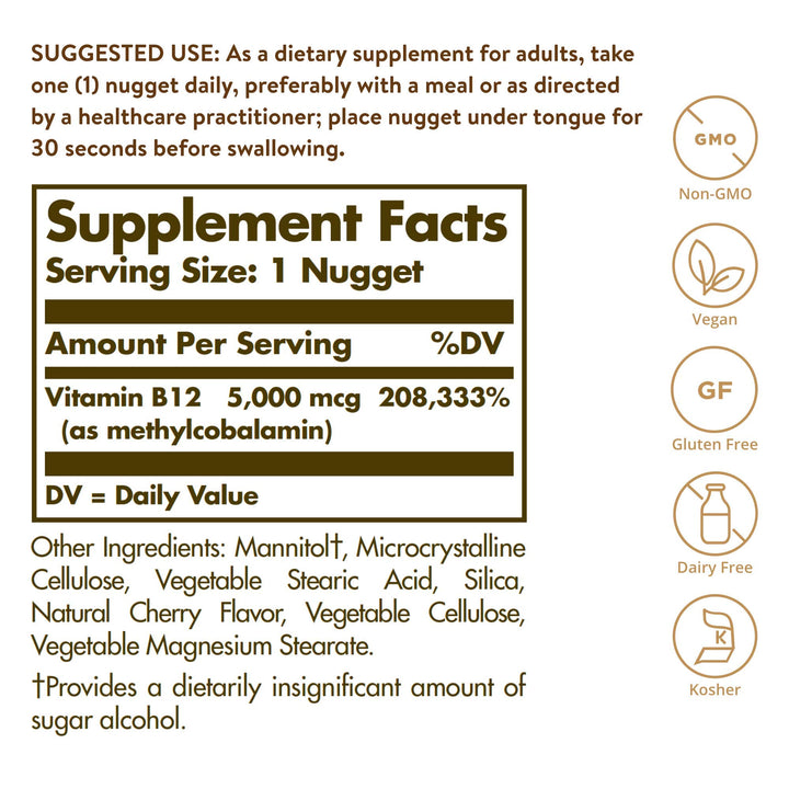 Solgar Methylcobalamin (Vitamin B12) 5000 mcg, 60 Nuggets - Cherry Flavor - Supports Energy Metabolism - Body-Ready, Active Form - Non-GMO, Vegan, Gluten Free - 60 Servings