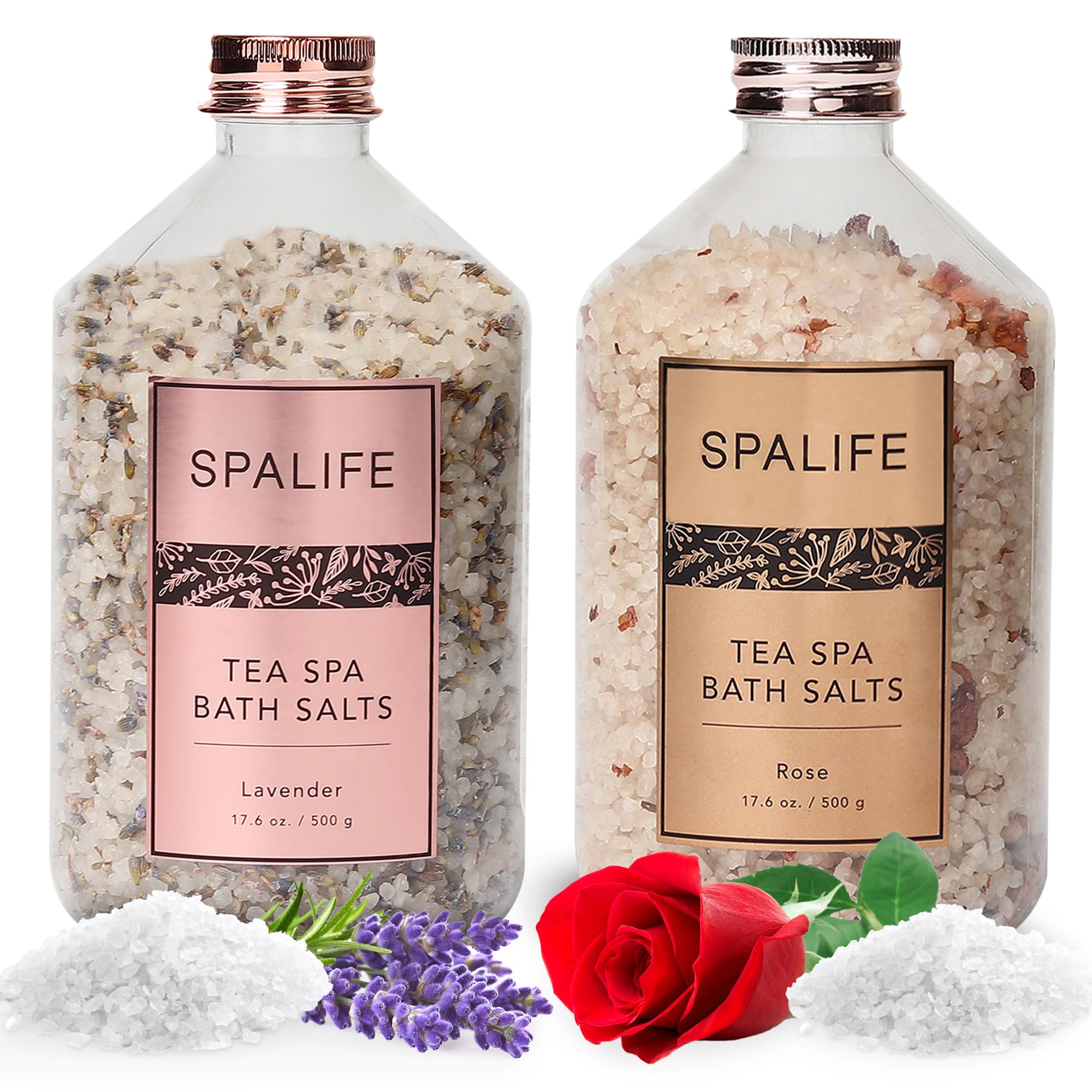 SpaLife Tea Spa Petal-Infused Effervescent Mineral Bath Salts - Lavender & Rose, 2-Pack 17.6 oz. ea for Relaxing Aromatherapy and Soothing Soaks