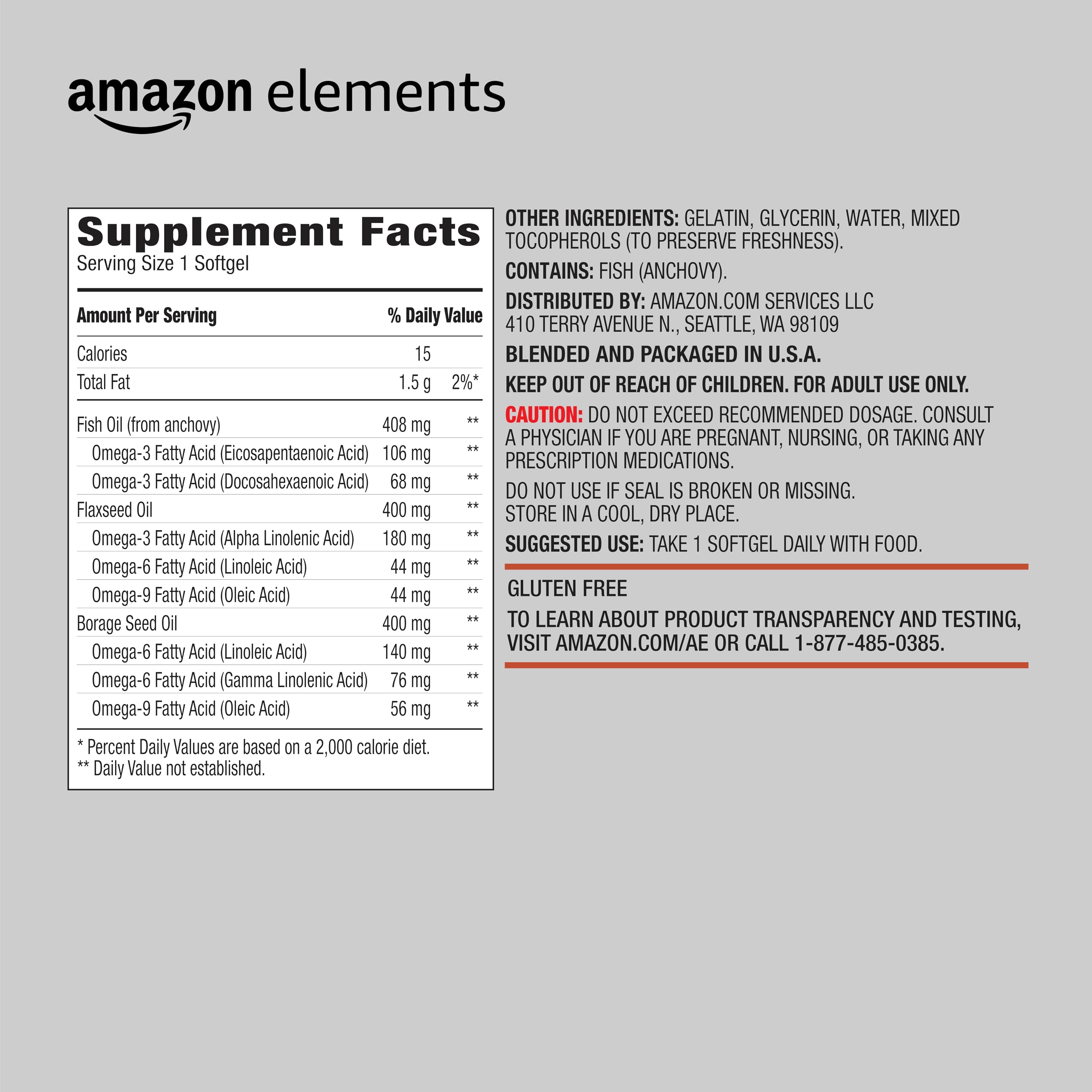 Amazon Elements Omega 3-6-9 Complex of Fish, Flaxseed and Borage Oil - EPA & DHA Omega-3 fatty acids - 60 Softgels, 2 Month Supply