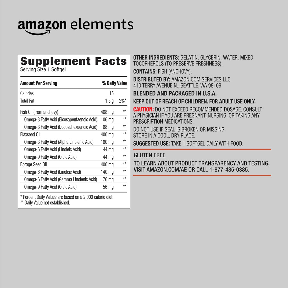 Amazon Elements Omega 3-6-9 Complex of Fish, Flaxseed and Borage Oil - EPA & DHA Omega-3 fatty acids - 60 Softgels, 2 Month Supply