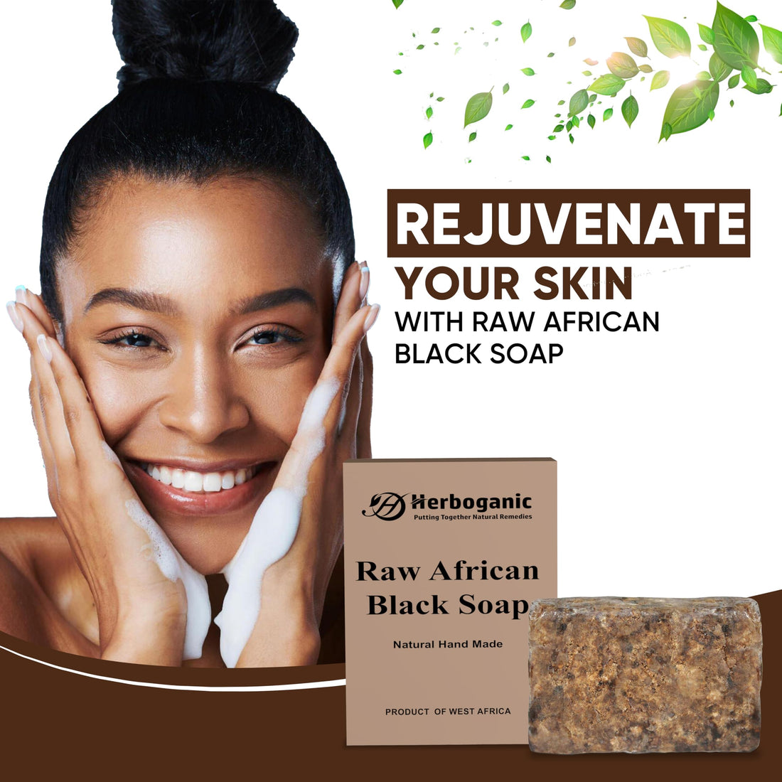 HERBOGANIC Raw African Black Soap Bar - 6 oz - 100% Pure and Organic | Natural Black African Soap bar for acne, Eczema, blackheads | Use as face wash and body wash - Pack of 1