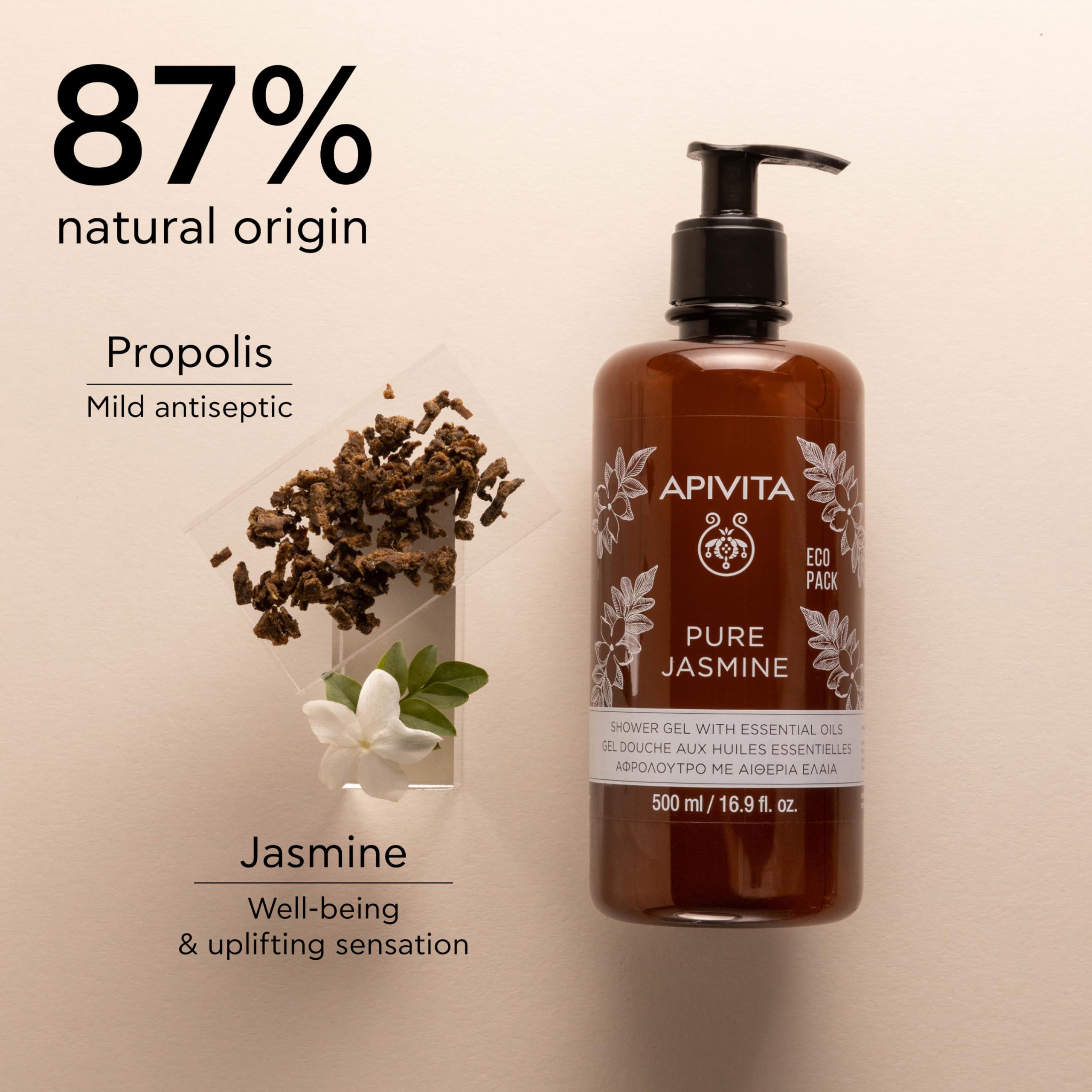 Apivita Pure Jasmine Shower Gel 500ml - Luxurious Shower Gel Body Wash Infused with Jasmine Essential Oil and Propolis - Shower Body Wash that Gently Cleanses & Preserves Skin's Moisture