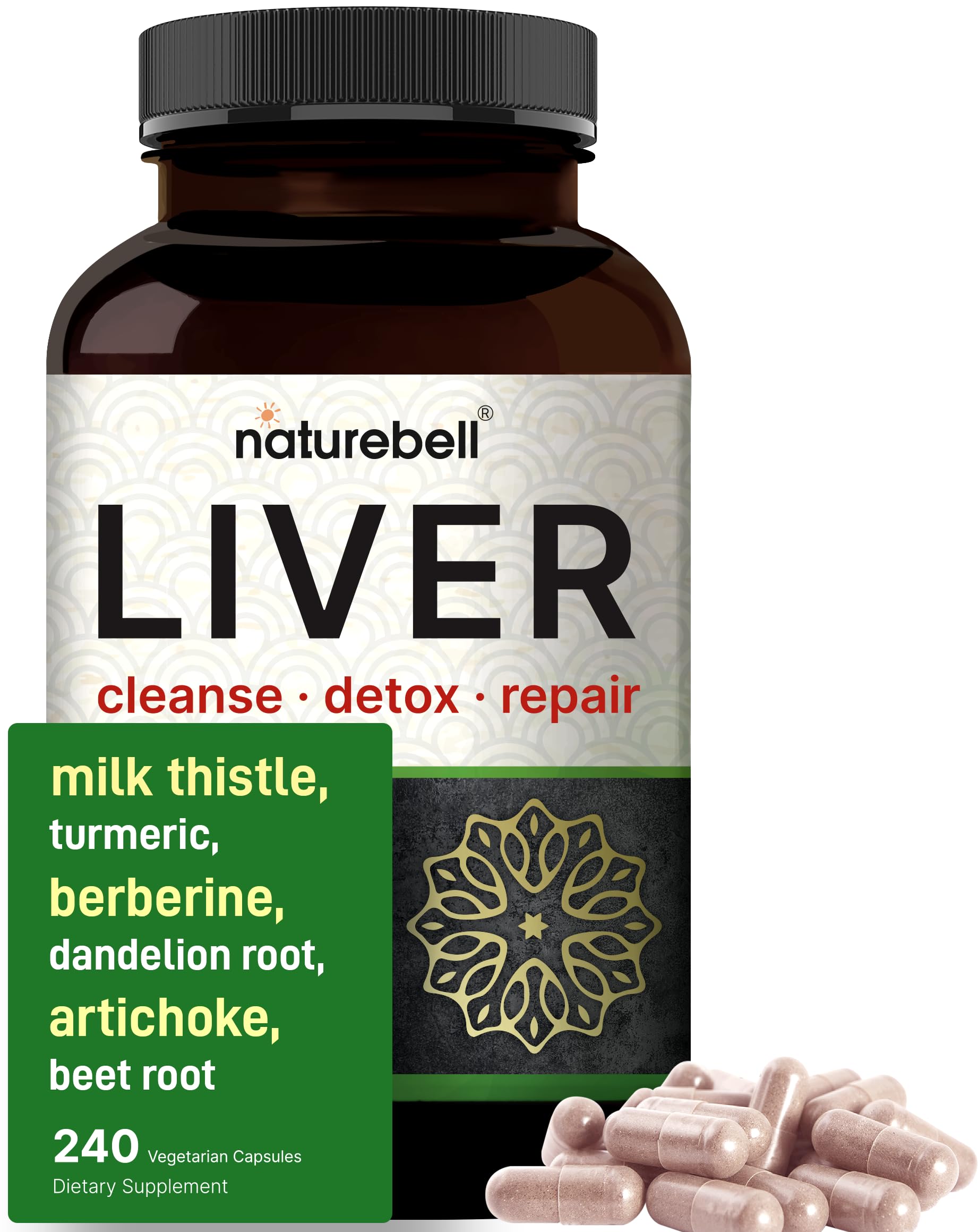 NatureBell Liver Cleanse Detox & Repair, 240 Veggie Capsules | Milk Thistle, Dandelion Root, Artichoke, Turmeric, Black Currant Oil & More in 15-in-1 Formula | Herbal Liver Support Supplement