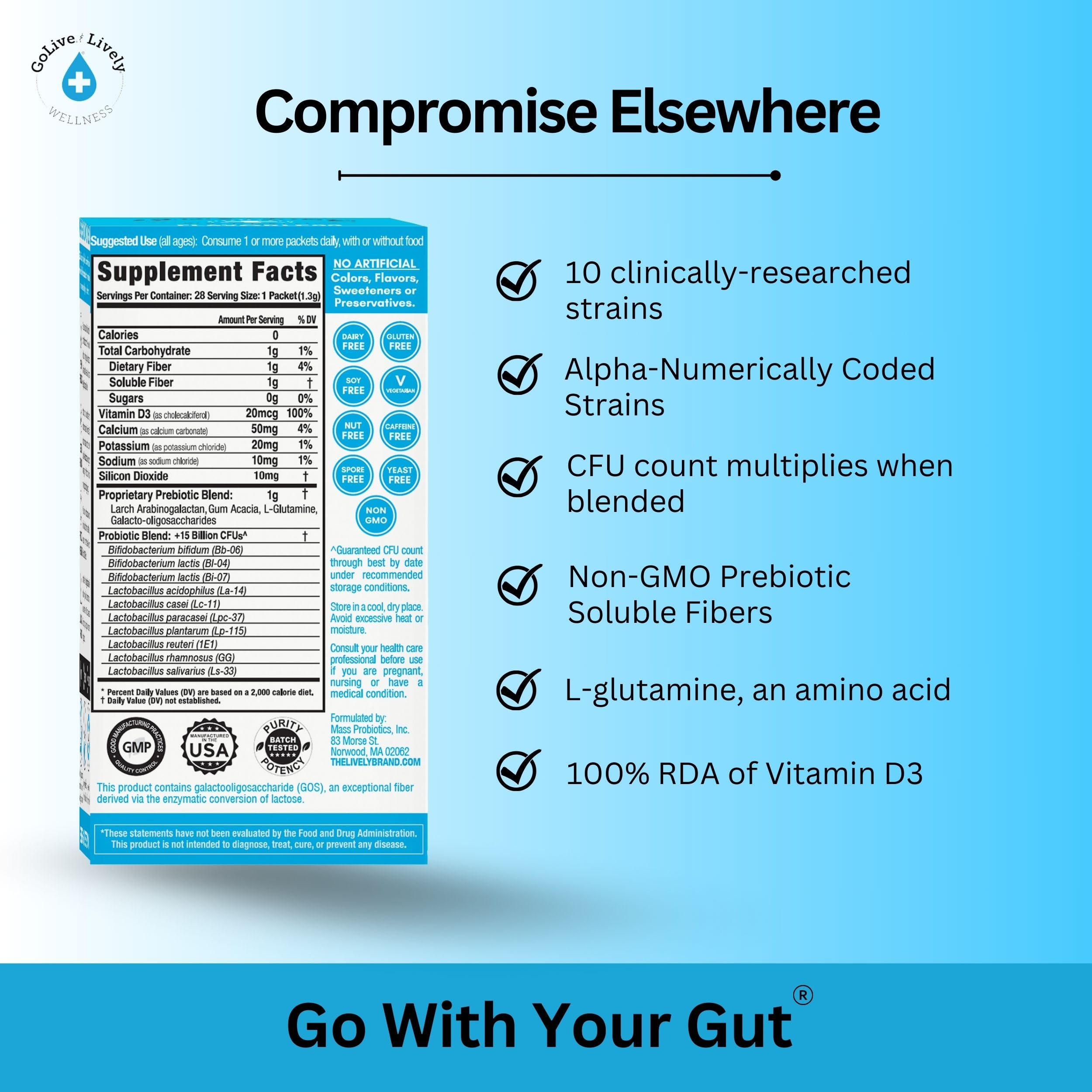 GoLive Prebiotic & Probiotic for Women, Men, Kids. Flavor-Free, Sugar-Free, Synbiotic Powder w/ GOS, L-Glutamine, Vitamin D3, Electrolytes. For Gut Health, Digestion, Metabolism, Immunity 15-50B CFUs.