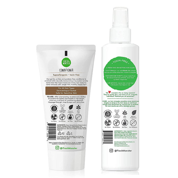 Fresh Monster Kids Hair Detangling Bundle, 8 oz Detangler & 6 oz Conditioner, Strawberry, 1 Count, 6oz. with 8oz Detangler