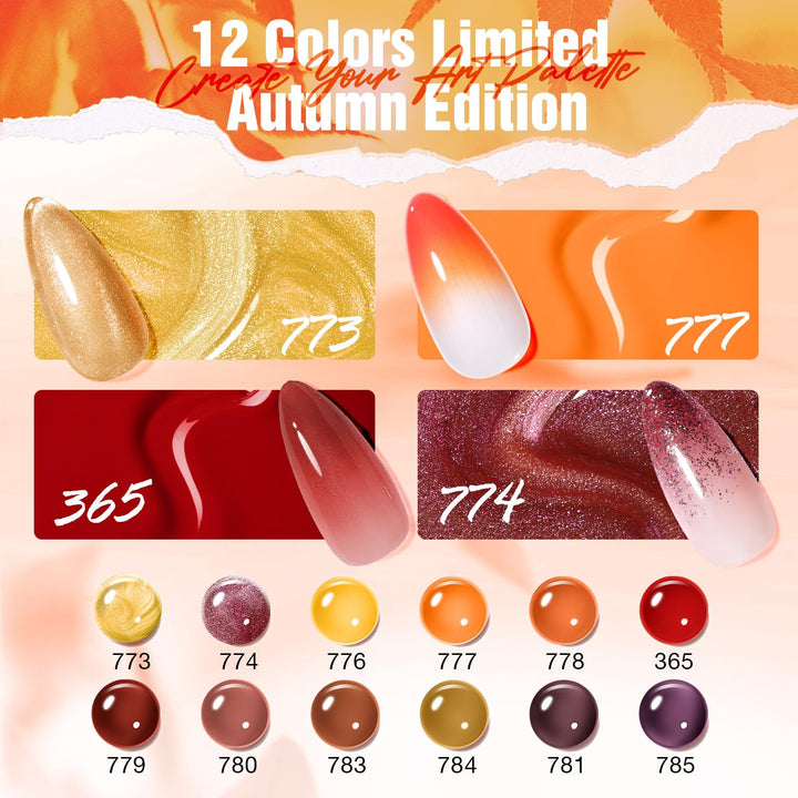 MEFA Fall Gel Nail Polish Set, 12 Color Red Brown Gold Glitter Nail Polish Kit Soak Off Pumpkin Bronze Nail Art Decorations DIY Home Salon Design Manicure Gifts for Women Girls