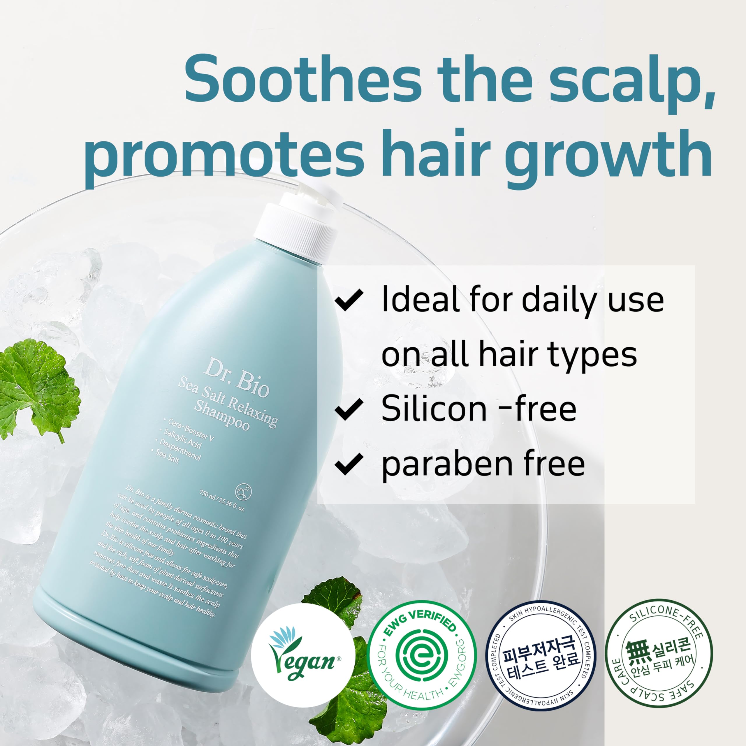 Dr.Bio Sea Salt Relaxing Shampoo with Probiotics and Cica, Vegan Hair Loss Shampoo for Thinning Hair, Volumizing and Thickening, Hydrating and Scalp Care, Silicone & Paraben Free, Korean Hair Care