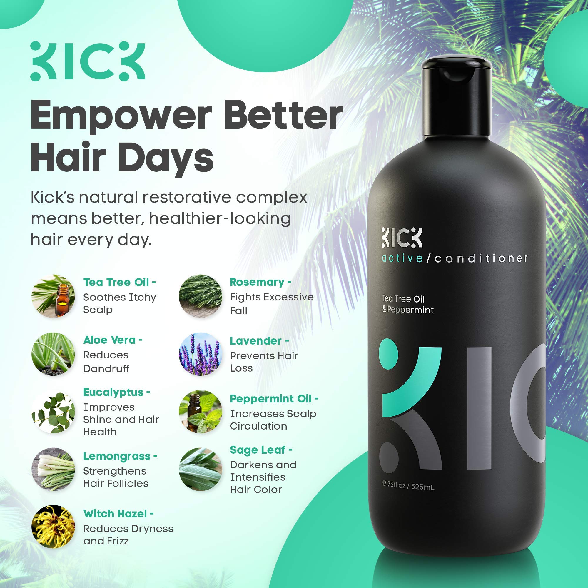 Kick Mens Conditioner - Tea Tree and Peppermint for Hair Loss - Proven High Performance Pro-Nourishing Mens Natural Anti Dandruff Treatment - 17oz