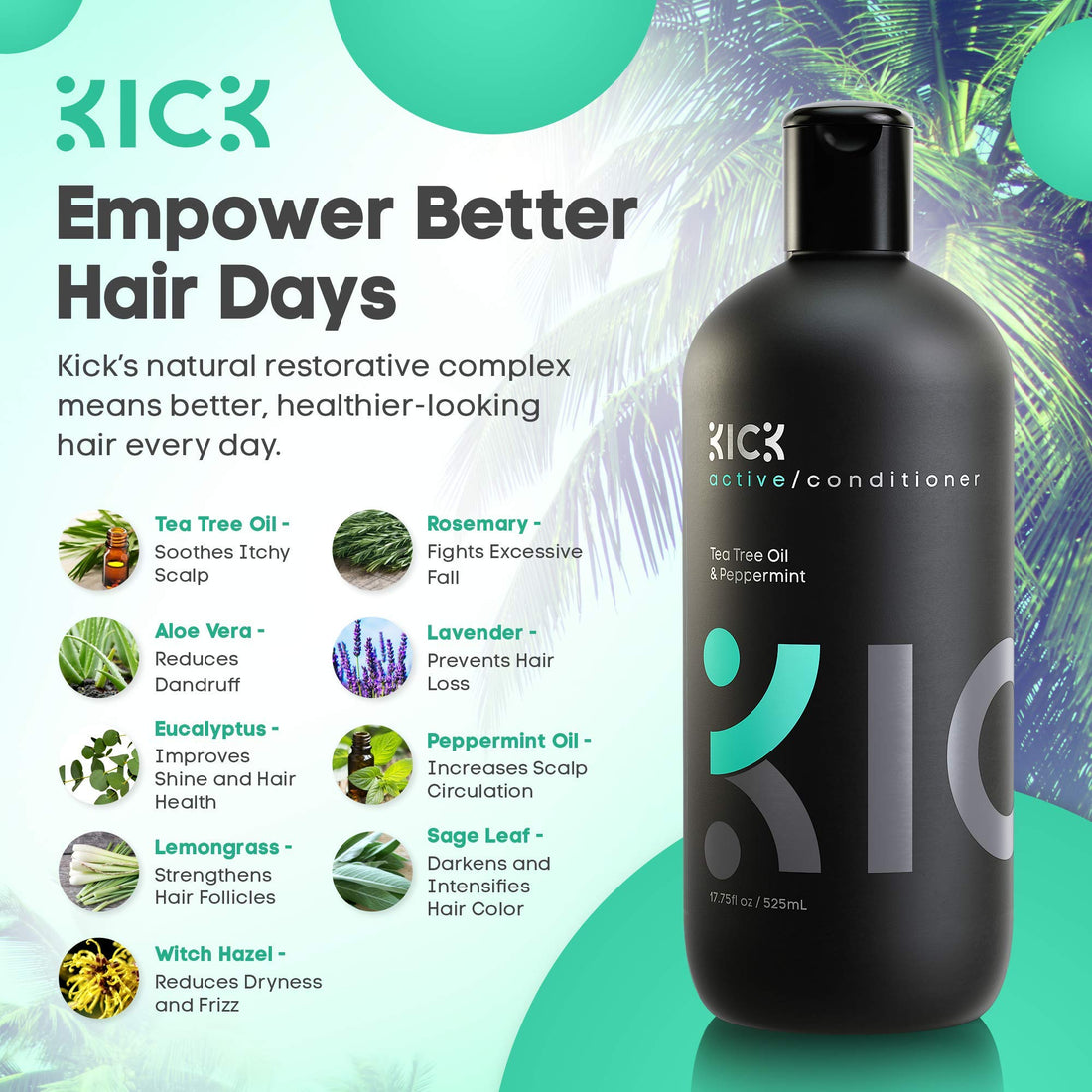 Kick Mens Conditioner - Tea Tree and Peppermint for Hair Loss - Proven High Performance Pro-Nourishing Mens Natural Anti Dandruff Treatment - 17oz