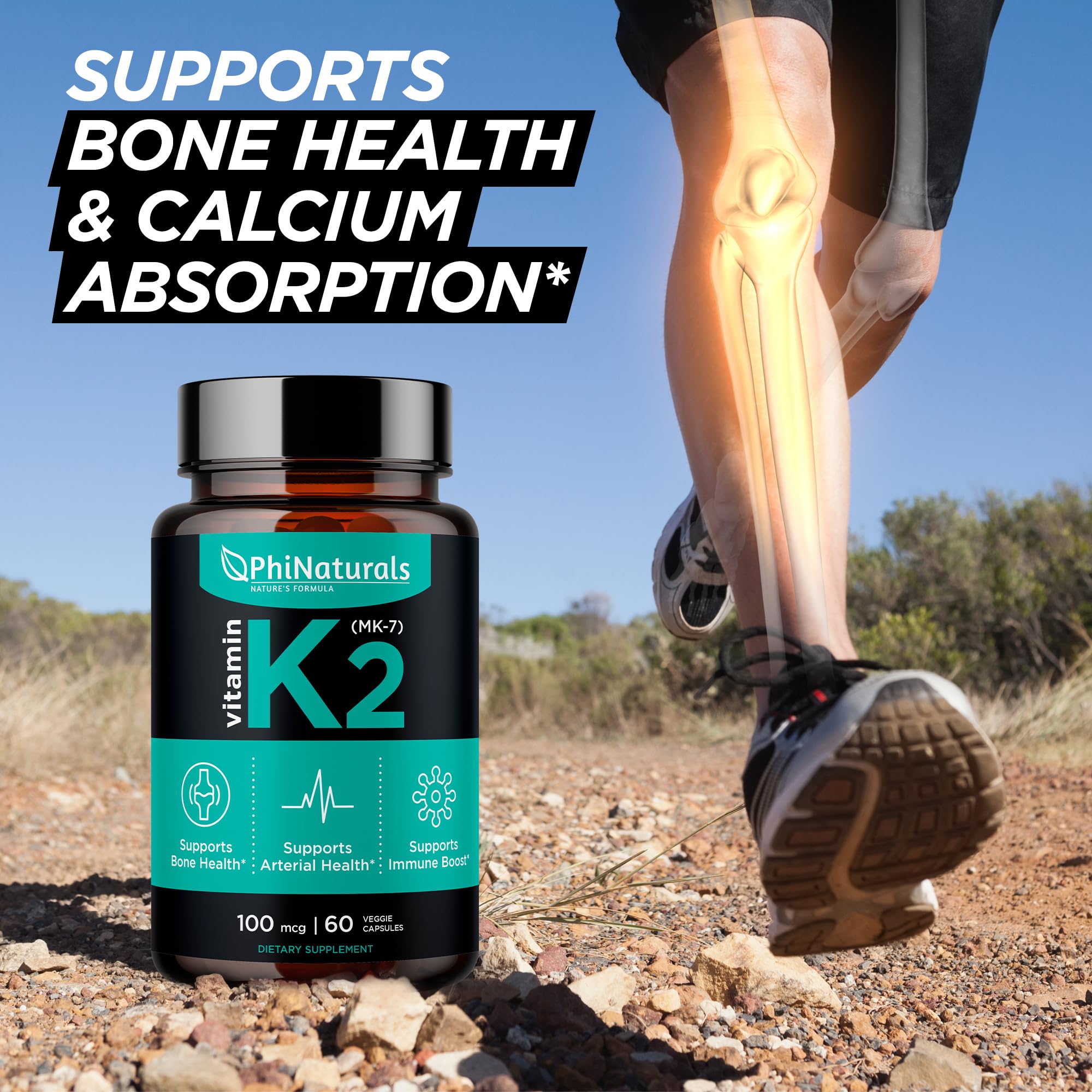 PhiNaturals Vitamin K2 Mk7 100 mcg Vegan 60 Capsules Bone Health Heart Cardiovascular Arteries - VIT k-2 MK-7 100mcg Supplement from Natto