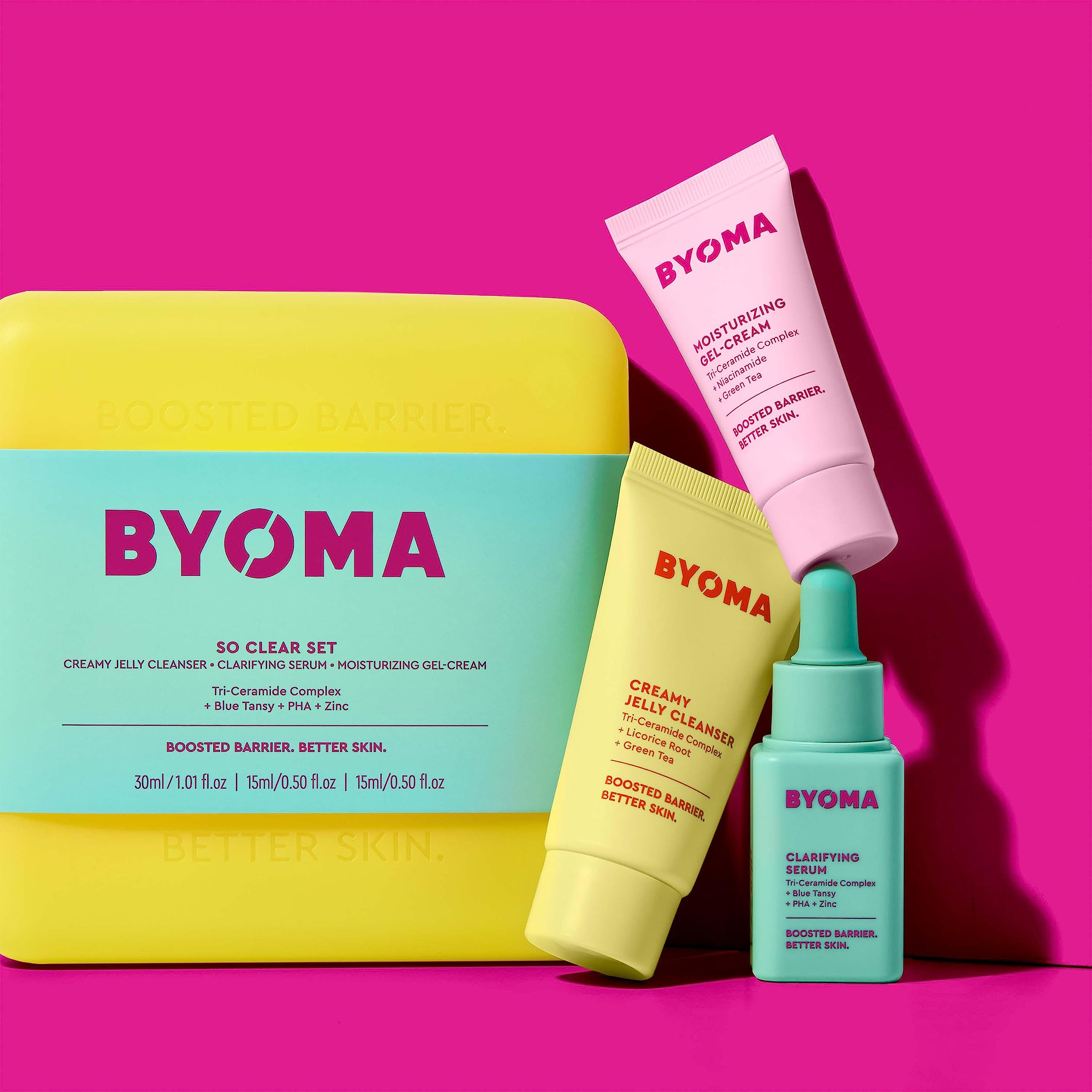 BYOMA So Clear Set - Barrier Repair Skincare Set for Acne Prone Skin - Creamy Jelly Cleanser, Clarifying Face Serum & & Gel-Cream Moisturizer - Unclogs Pores, Targets Blemishes - 30ml, 15ml, 15ml