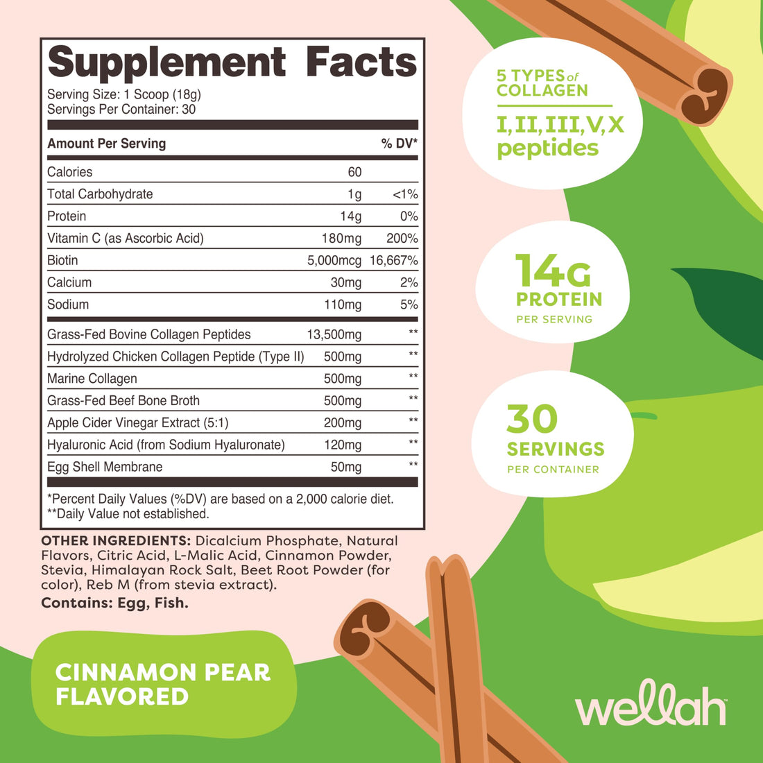 Wellah The Afterglow Multi Collagen Protein + Beauty (30 Servings, Cinnamon Pear) - Hair, Skin, Nail & Joint Support - Non-GMO and Gluten Free