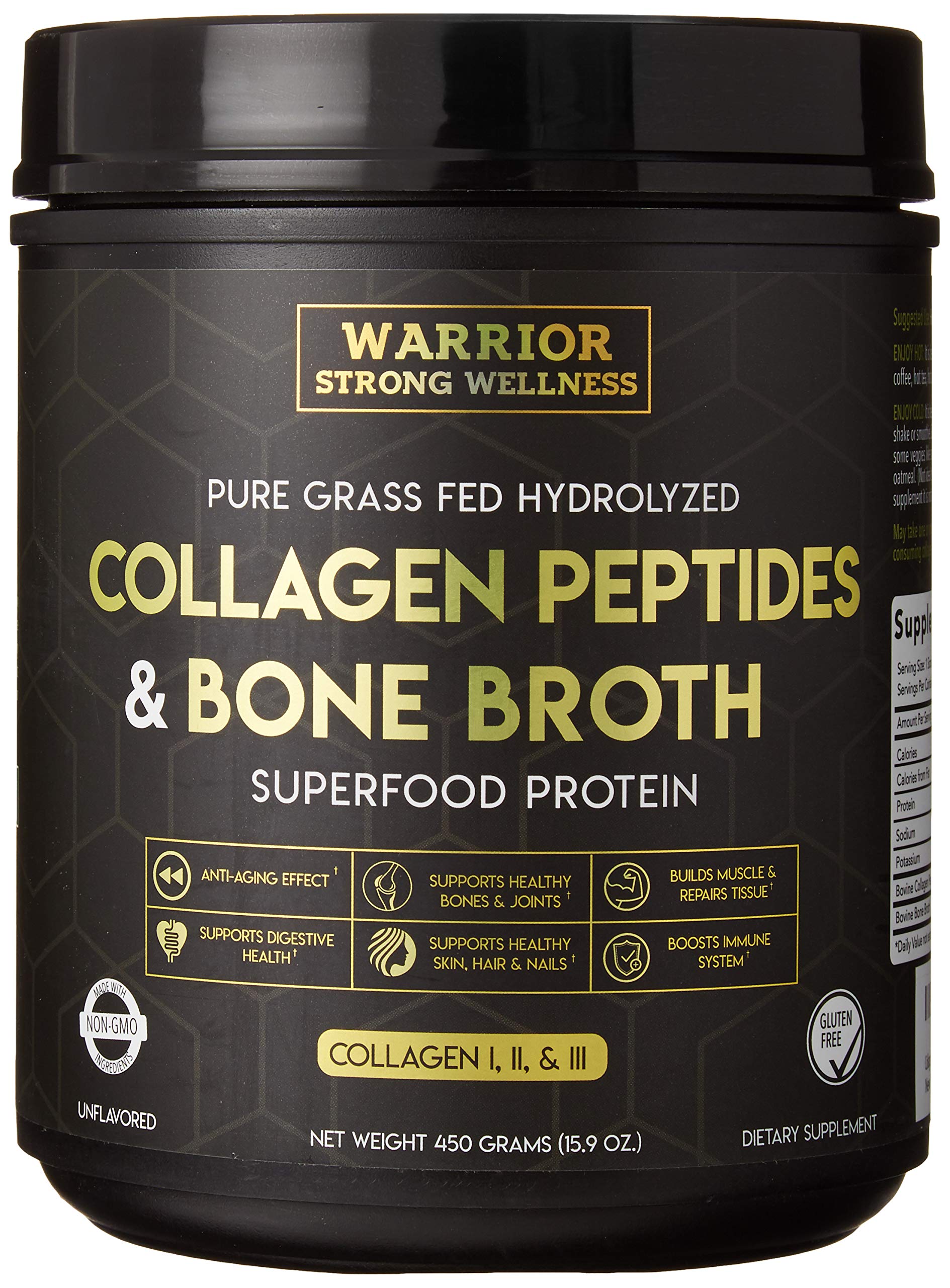 Warrior Strong Wellness Premium Collagen Peptides Bone Broth Powder: Grass Fed Hydrolyzed Collagen Boost for Healthy Skin, Nails, Hair, Joints, Muscles, Bones, Digestion, Keto Friendly, Unflavored