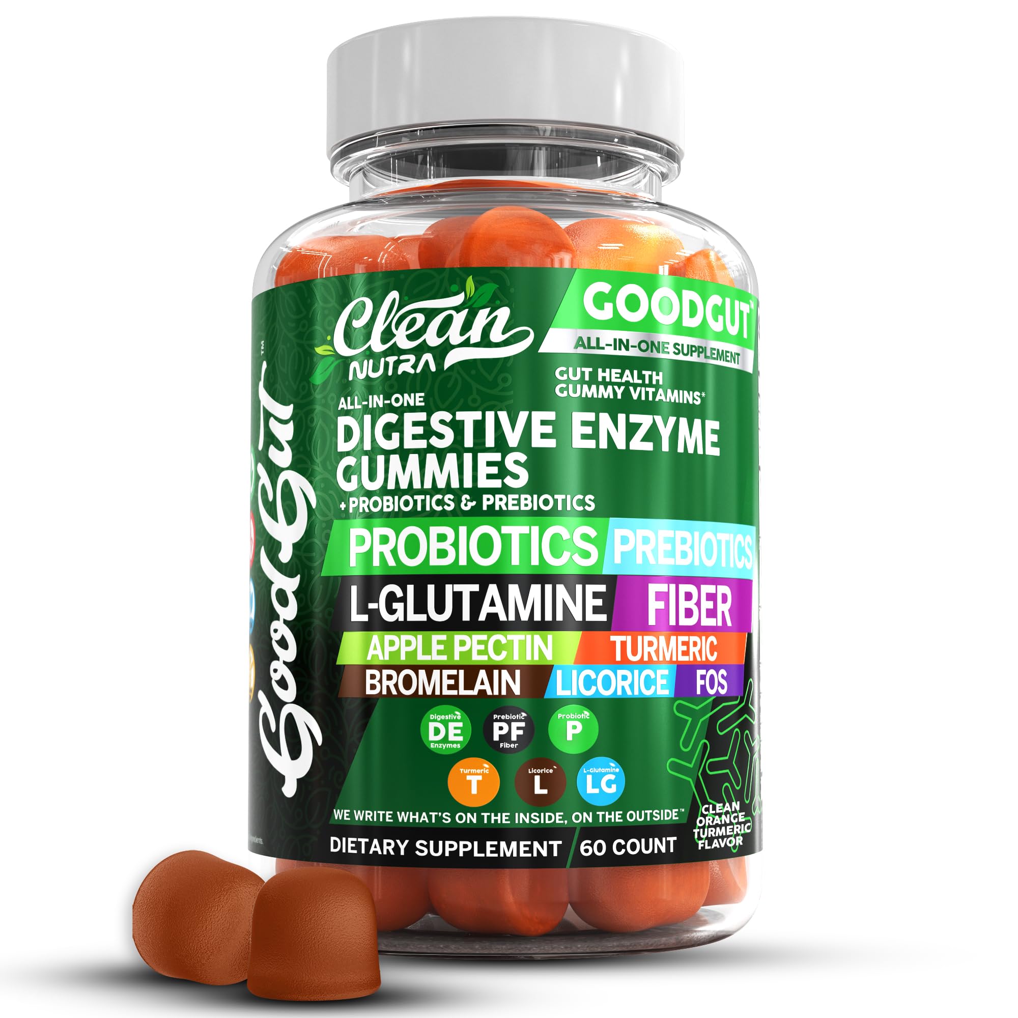 Clean Nutraceuticals Digestive Enzymes with Probiotics & Prebiotics for Digestive Health Gummies & L-Glutamine for Gut Health Bromelain Apple Pectin Inulin FOS Plant Based Vegan Gummy Vitamins