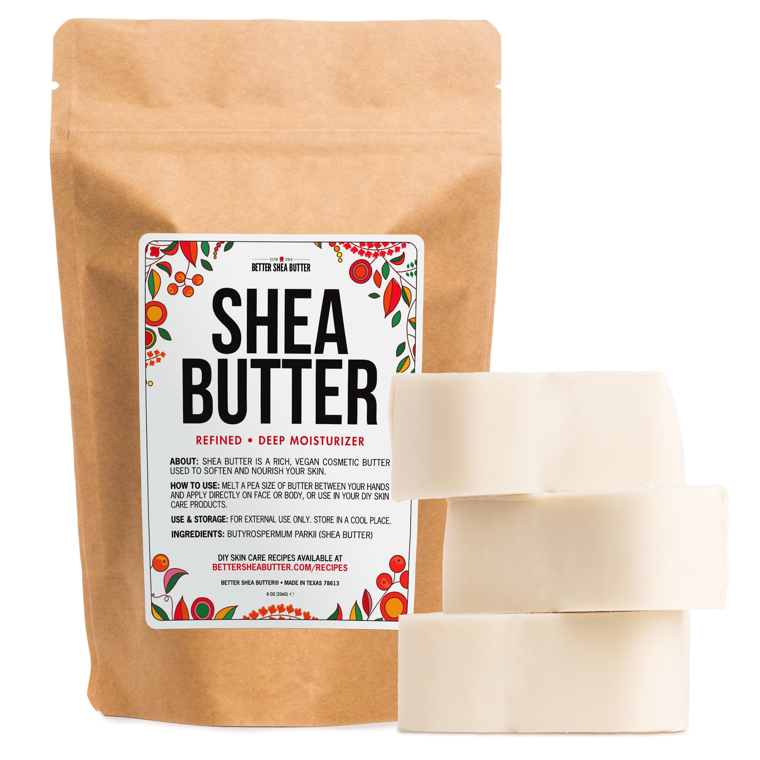 Refined Shea Butter Unscented - 100% Pure African Shea Butter for Hair & Dry Skin - Use for Soap Base, Face & Body Moisturizer, for DIY Whipped Body Butter & Lip Balm 8 oz Bar