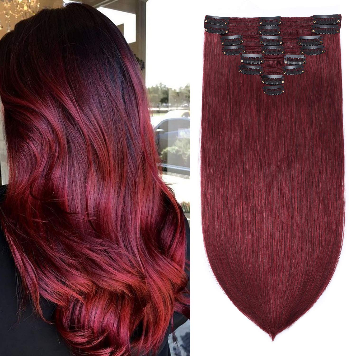 S-noilite Burgundy 100% Remy Human Hair Clip in Extensions Double Weft 16Inch Wine Red Straight Soft Grade 7A Quality 8pcs 18 Clips 130g Thick Full Head Brazilian Hair For Women #99J