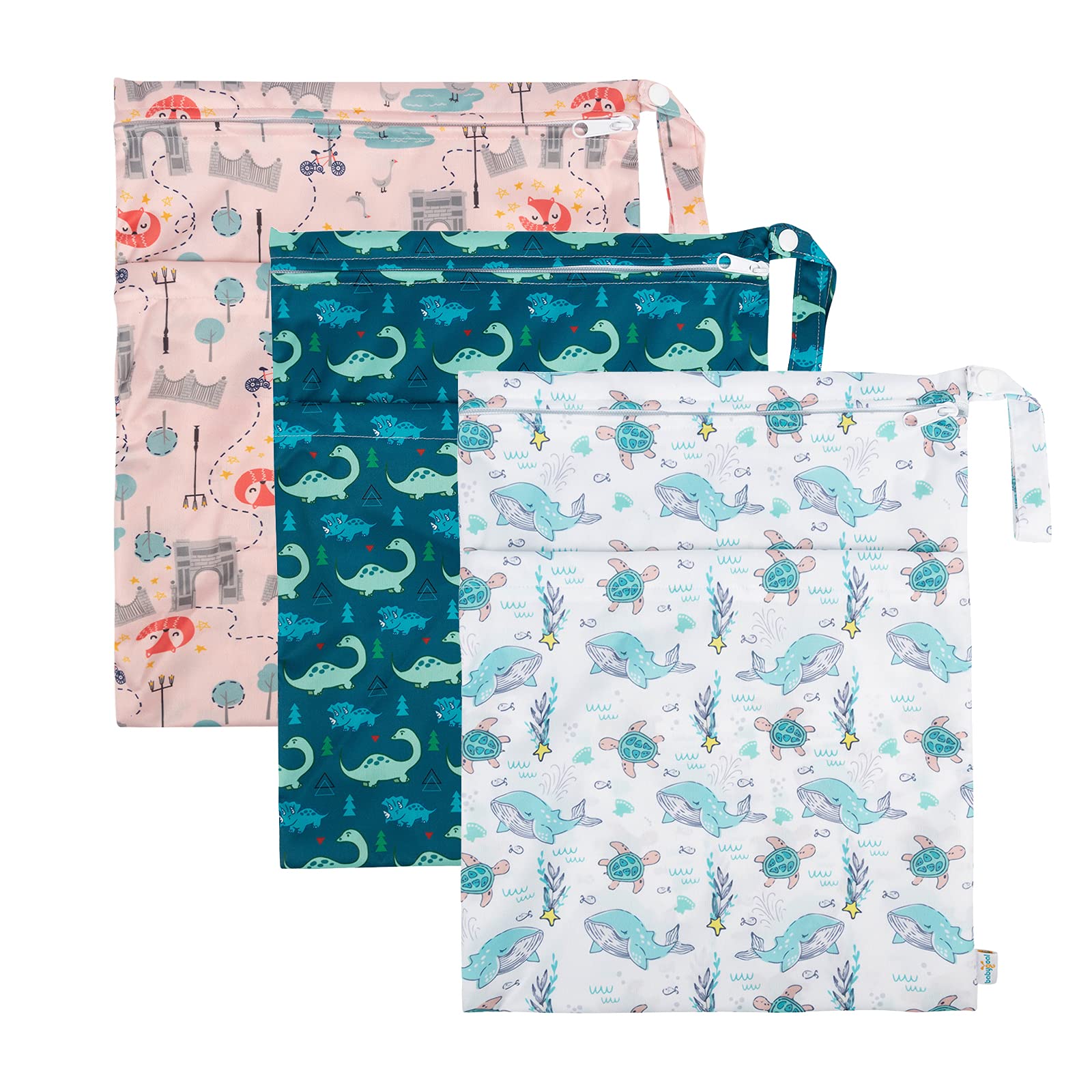 babygoal Wet Dry Bags 3 Pack for Baby Cloth Diapers, Washable Travel Bags, Beach, Pool, Gym Bag for Swimsuits & Wet Clothes with Two Zippered Pockets 3LN17