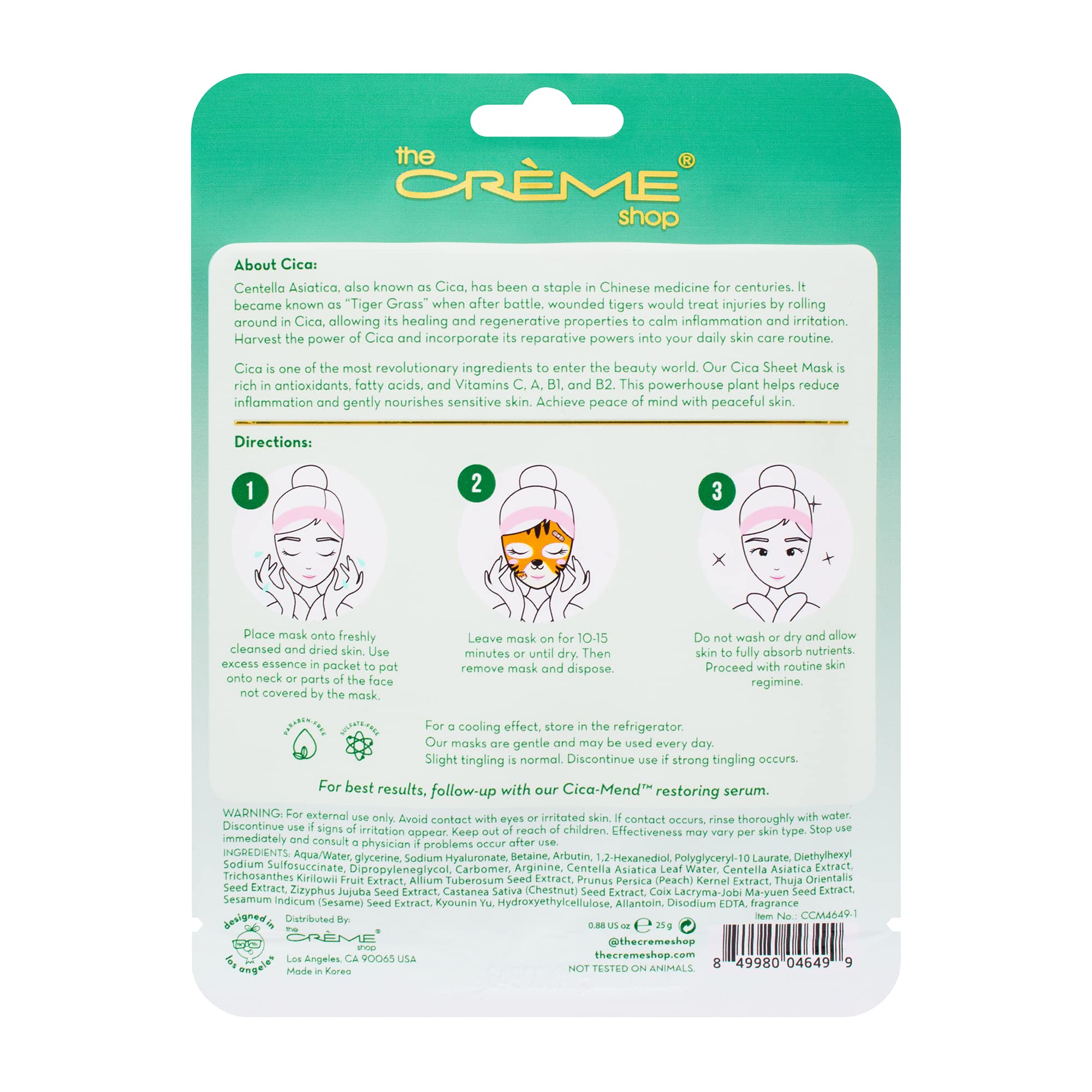The Crème Shop Animal Sheet Mask, Korean, Hydrating, Collagen, Vitamin C, Anti-Aging - Pack of 3 (Tiger)