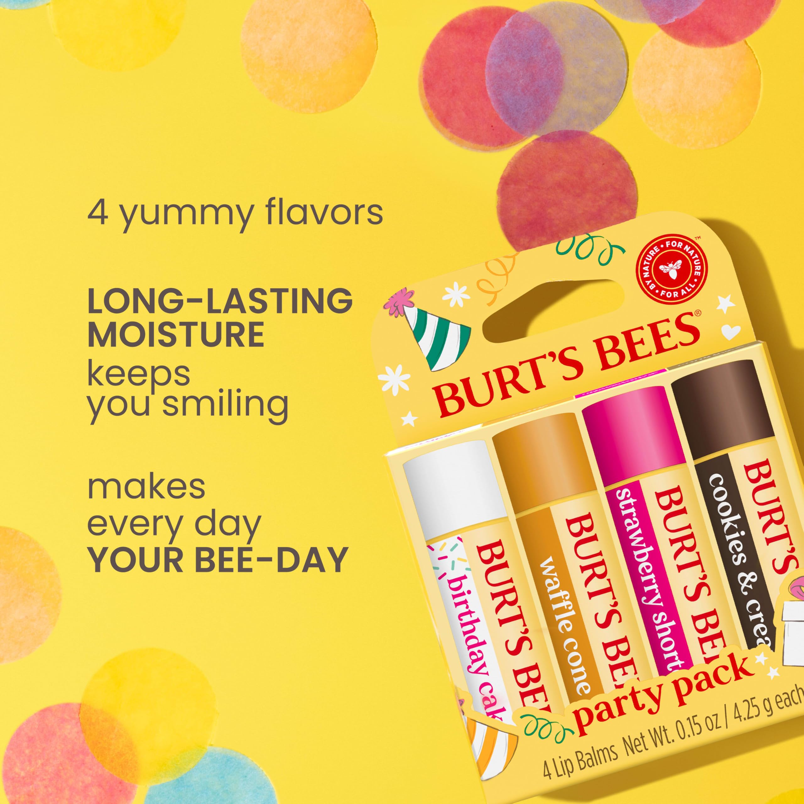 Burt's Bees Lip Balm Party Pack - Birthday Cake, Waffle Cone, Strawberry Shortcake, and Cookies & Cream, All Day Moisturizer, Tint-Free, Natural Origin Conditioning Lip Treatment, 4 Tubes, 0.15 oz.