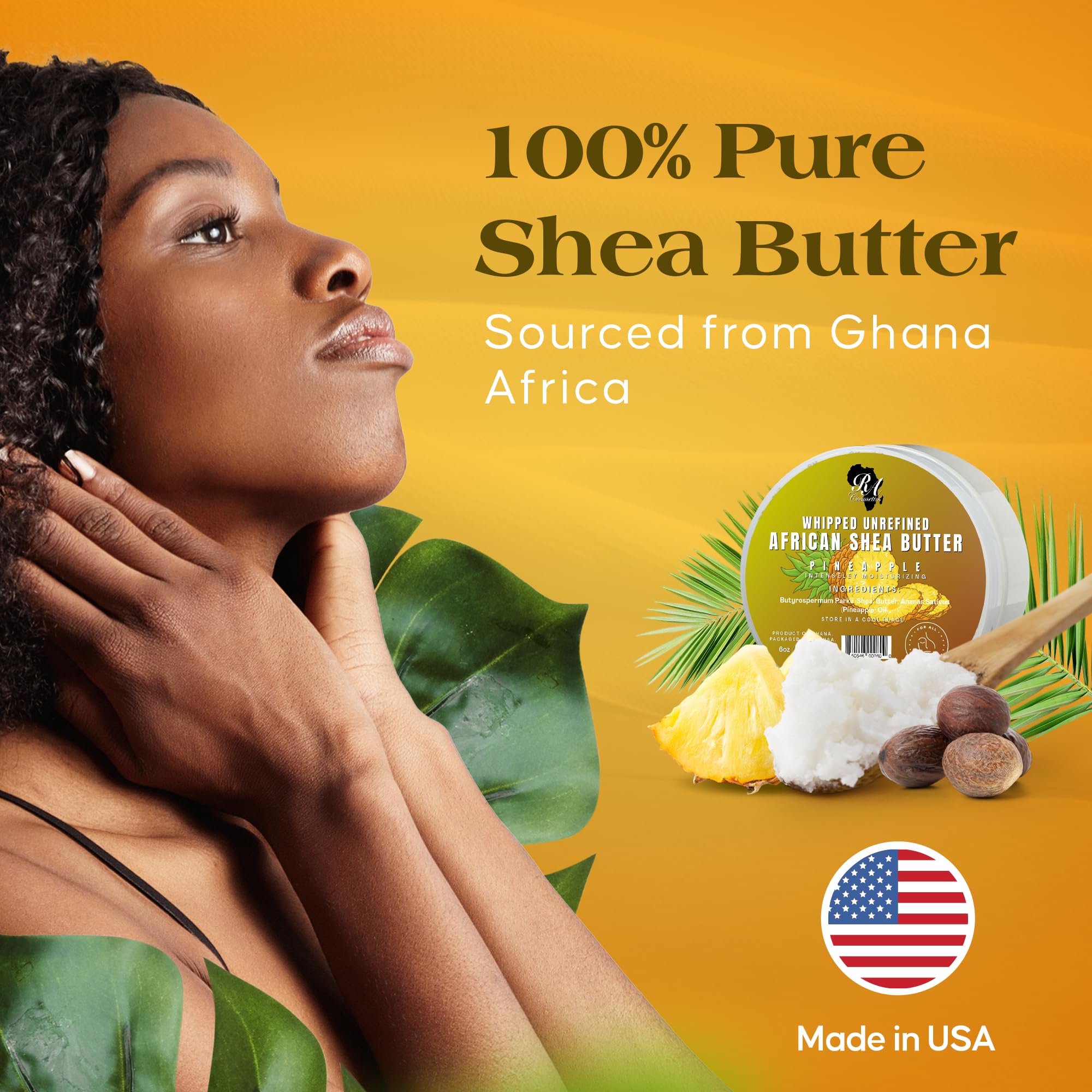 RA COSMETICS Whipped Shea Butter Pineapple - 6oz | 100% Pure & Natural African Shea Butter for Men & Women - Ultimate Handcrafted Moisturizer with Essential Vitamins for Radiant Skin