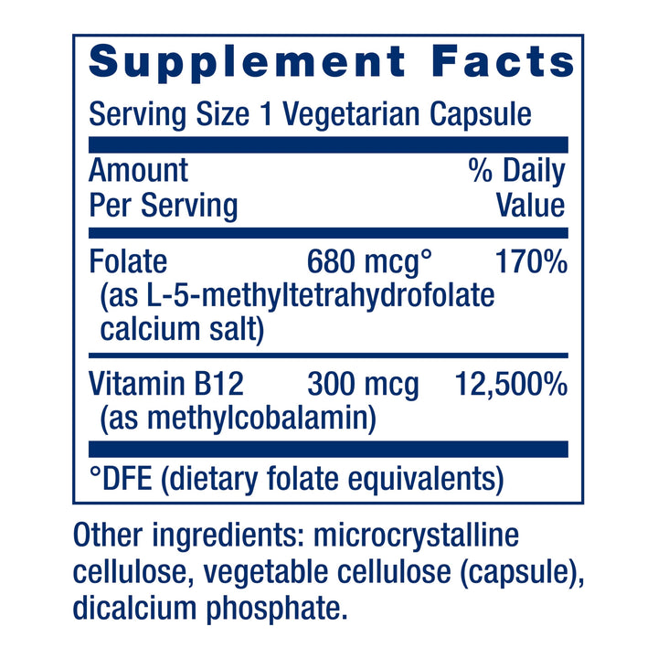 Life Extension BioActive Folate & Vitamin B12, Promotes Heart, Brain & GI Tract Health, Non-GMO, Gluten-Free, Vegetarian, 90 Capsules