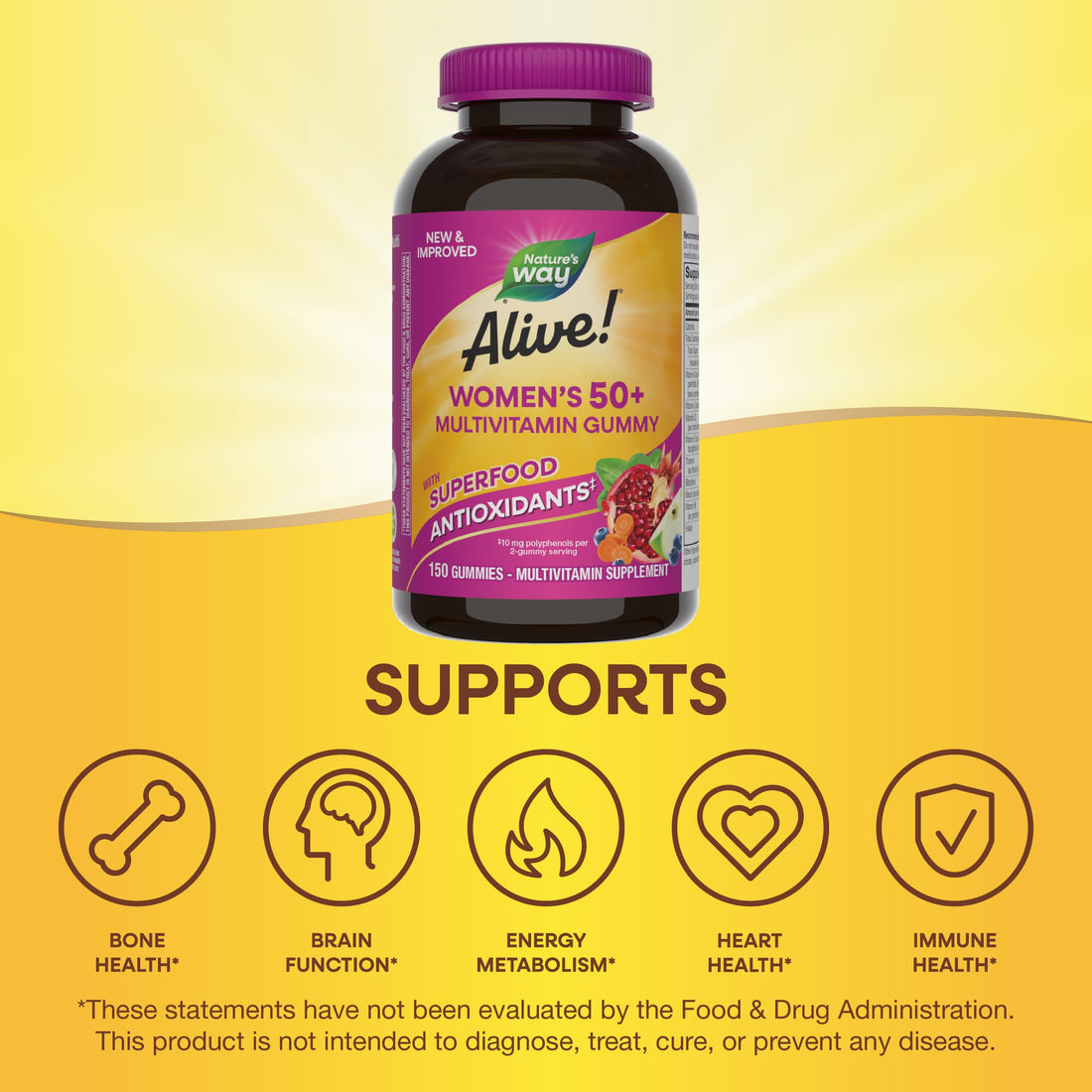 Nature's Way Alive Women’s 50+ Daily Gummy Multivitamins, Supports Multiple Body Systems*, Supports Healthy Heart, Brain & Bones,* B-Vitamins, Mixed Berry Flavored, 150 Gummies (Packaging May Vary)
