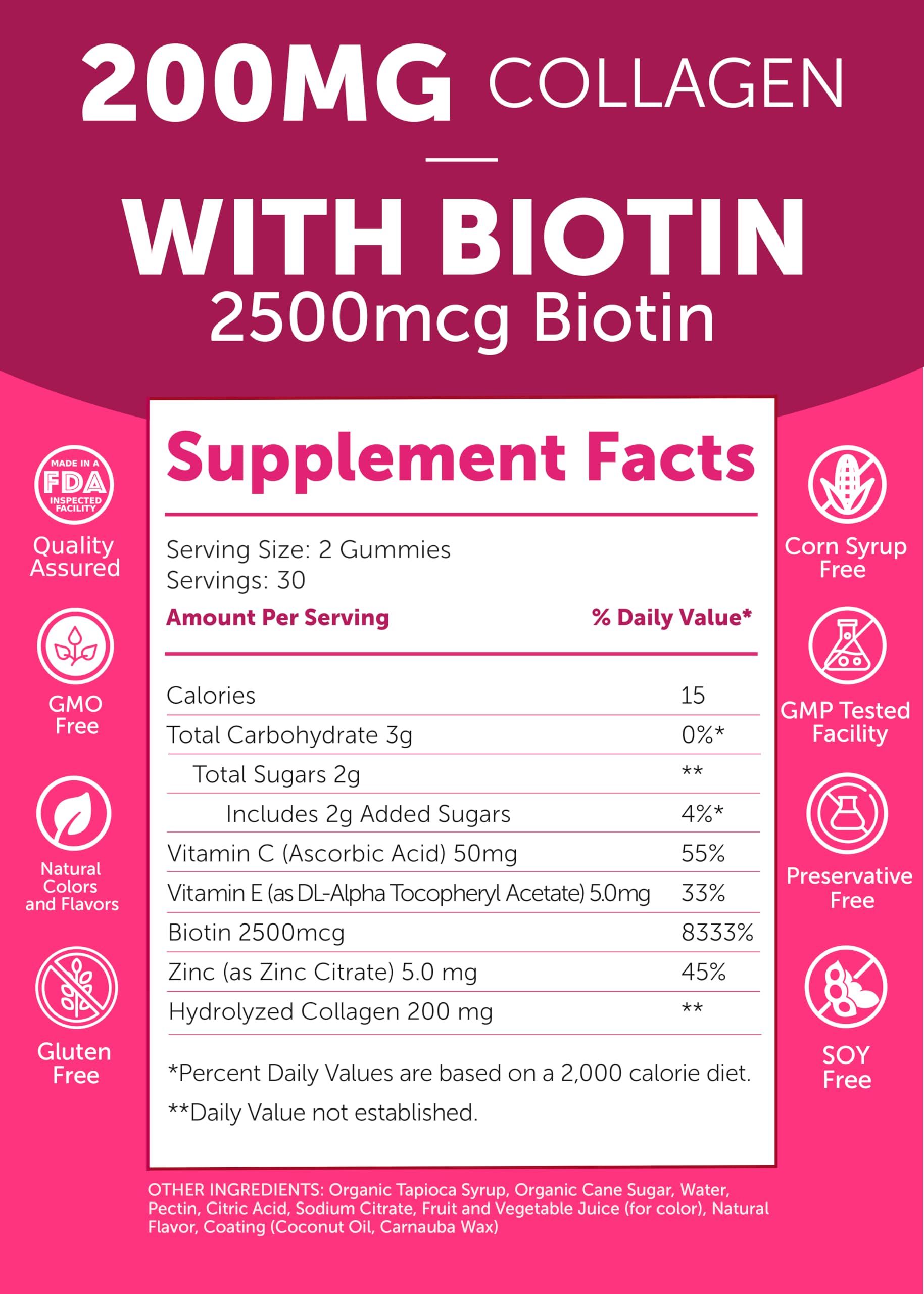 Lunakai USA Made Collagen Peptides Gummies - 200mg Non-GMO Anti-Aging Formula with Biotin, Zinc, Vitamins C & E for Hair, Skin and Nails, 60ct